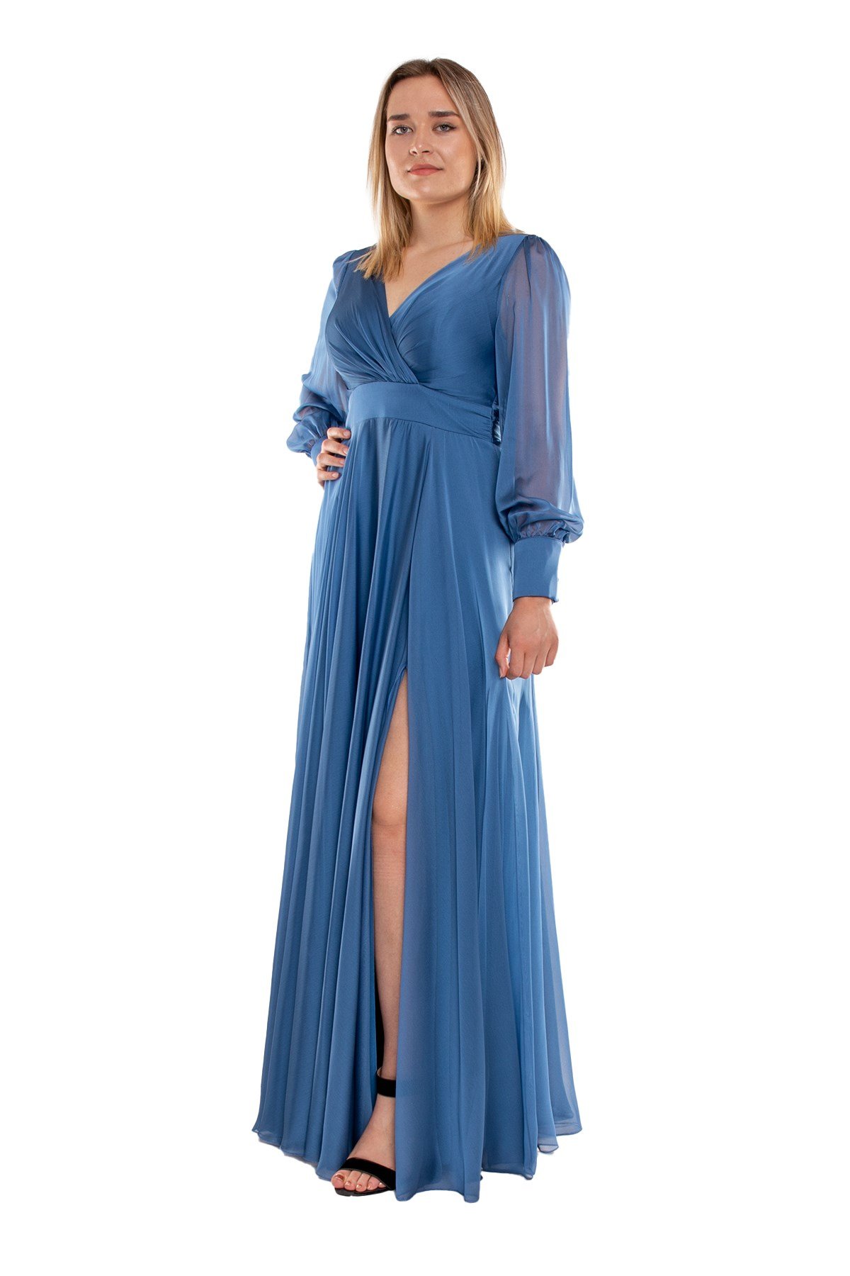 2082 Büyük Beden Kristal Şifon Kruvaze Yaka Yırtmaçlı Kollu Uzun Abiye