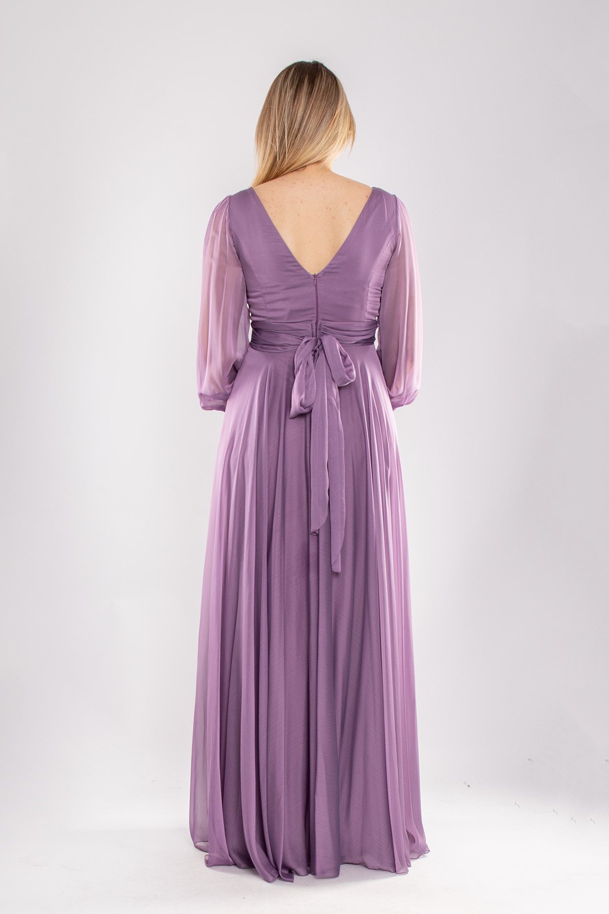 2082 Büyük Beden Kristal Şifon Kruvaze Yaka Yırtmaçlı Kollu Uzun Abiye