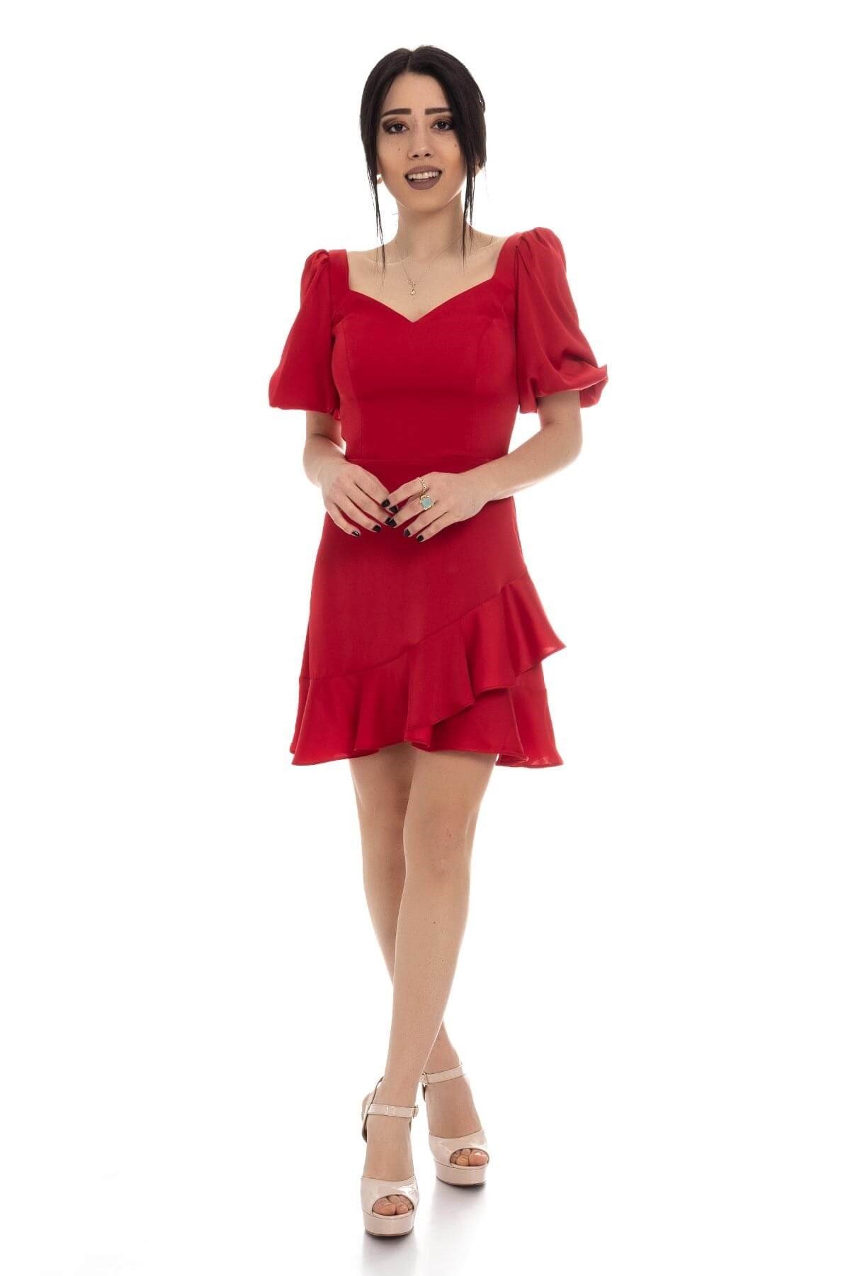 2087 KB Balon Kol Eteği Fırfırlı Saten Kısa Elbise