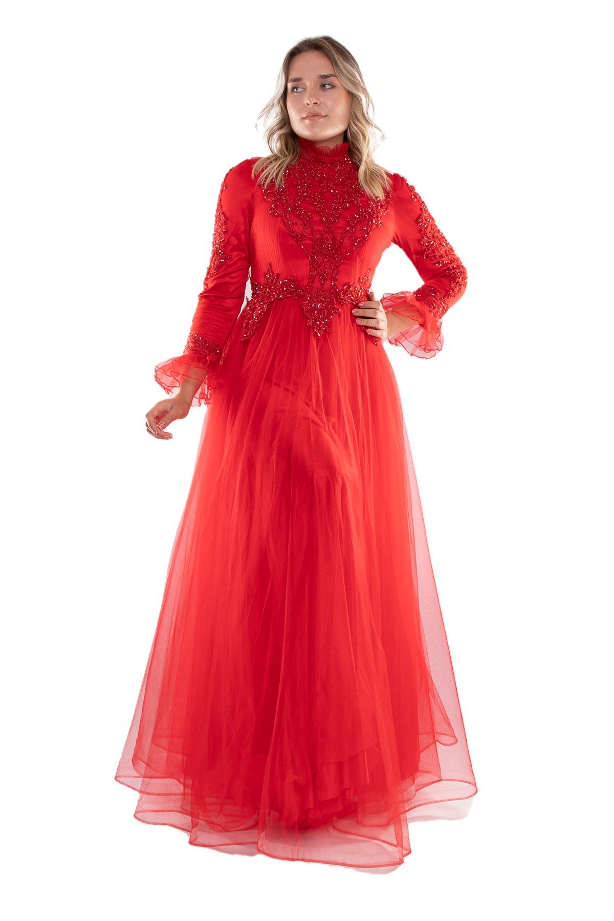 21007 Tam Seri Üzeri Boncuk ve Nakış İşleme Tesettür Nişanlık