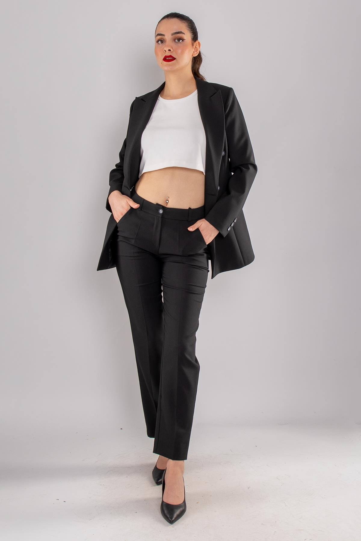 2102 4 Düğme Kruvaze Yaka Ceket Pantolon İkili Takım