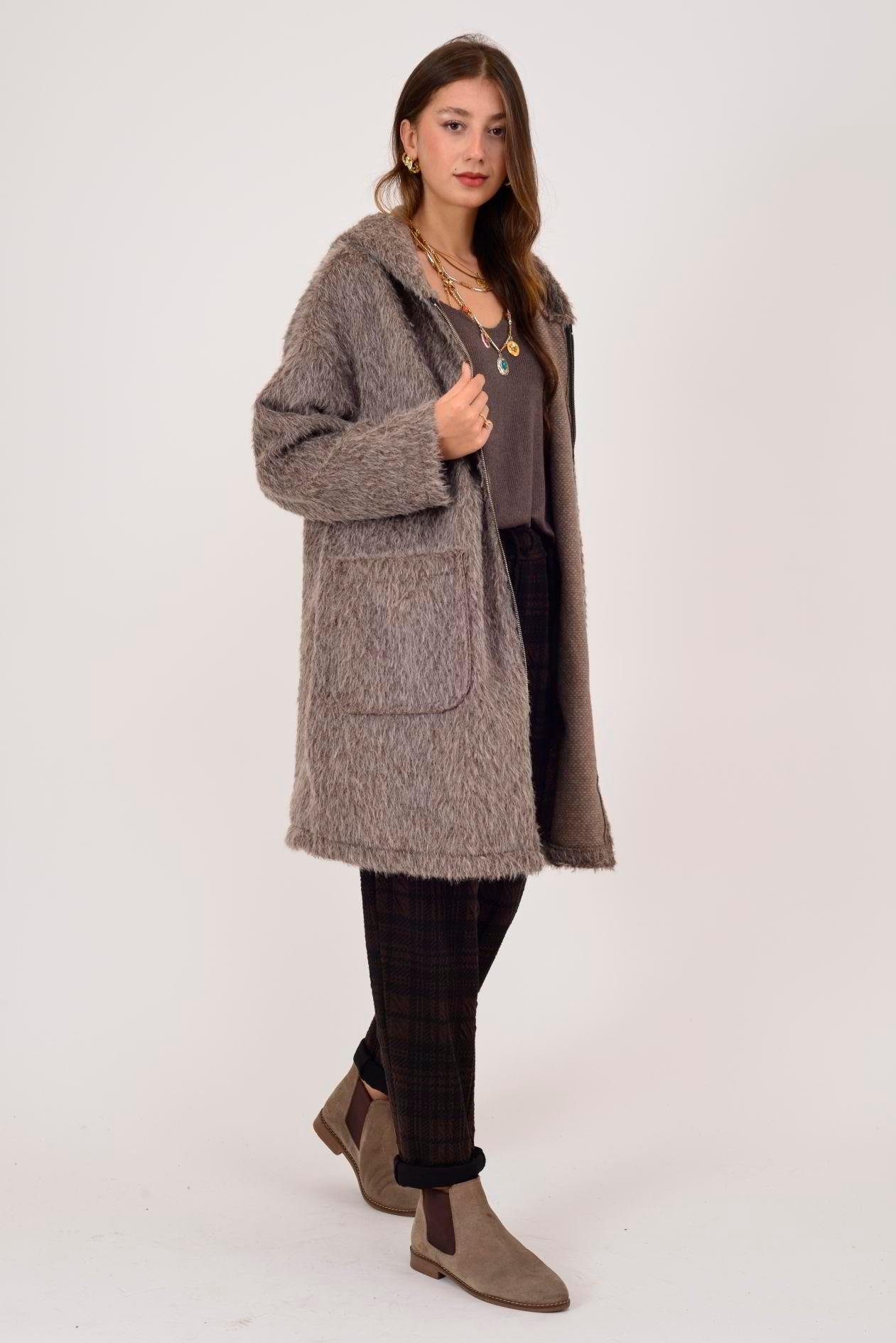 21052 Düz Desen Kapüşonlu Fermuarlı Keçe Kaban