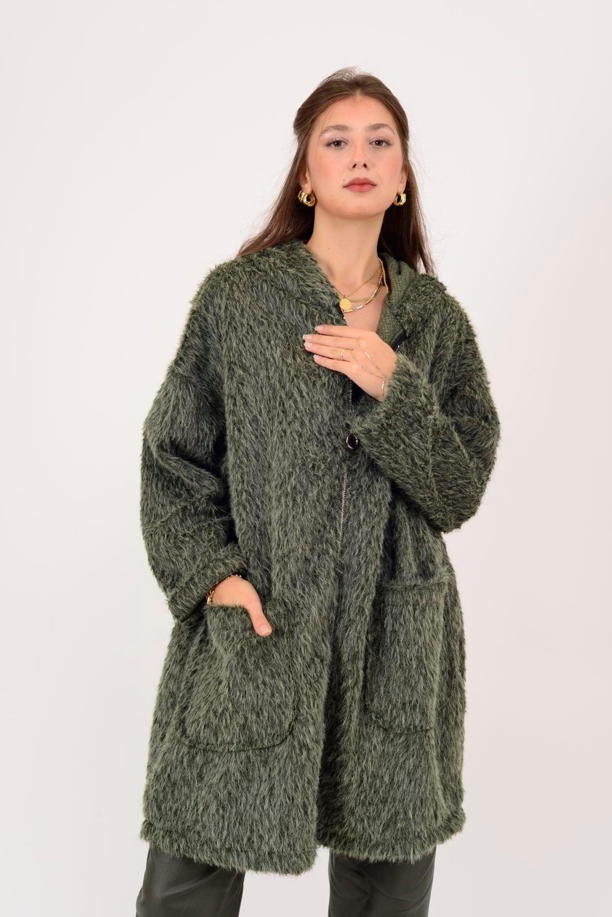 21052 Düz Desen Kapüşonlu Fermuarlı Keçe Kaban