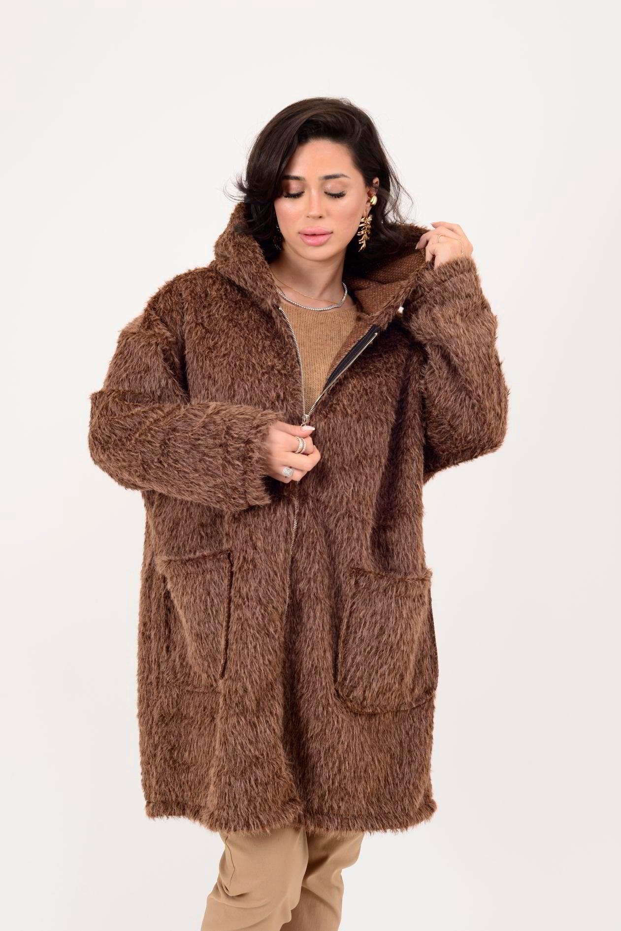 21052 Düz Desen Kapüşonlu Fermuarlı Keçe Kaban