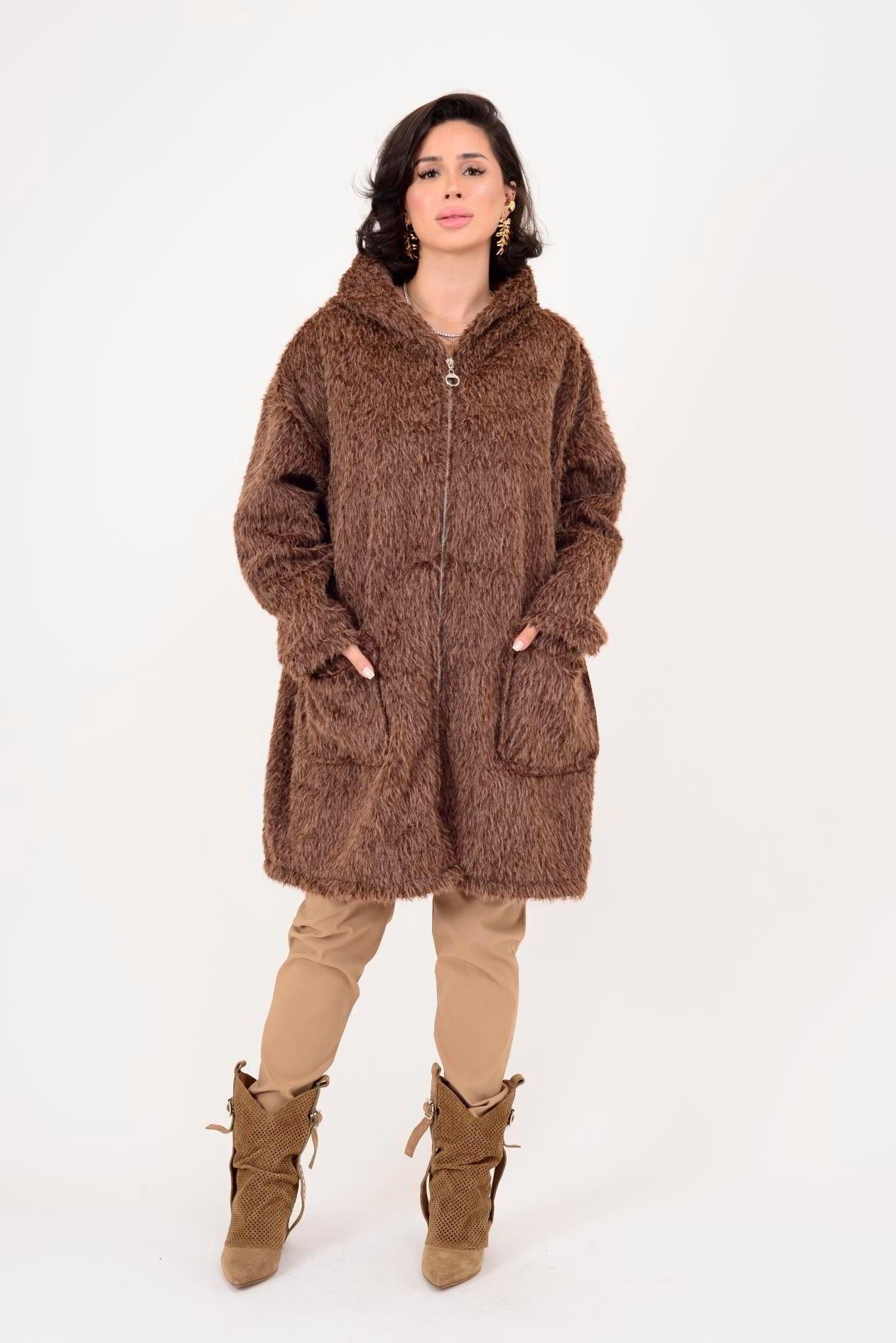 21052 Düz Desen Kapüşonlu Fermuarlı Keçe Kaban