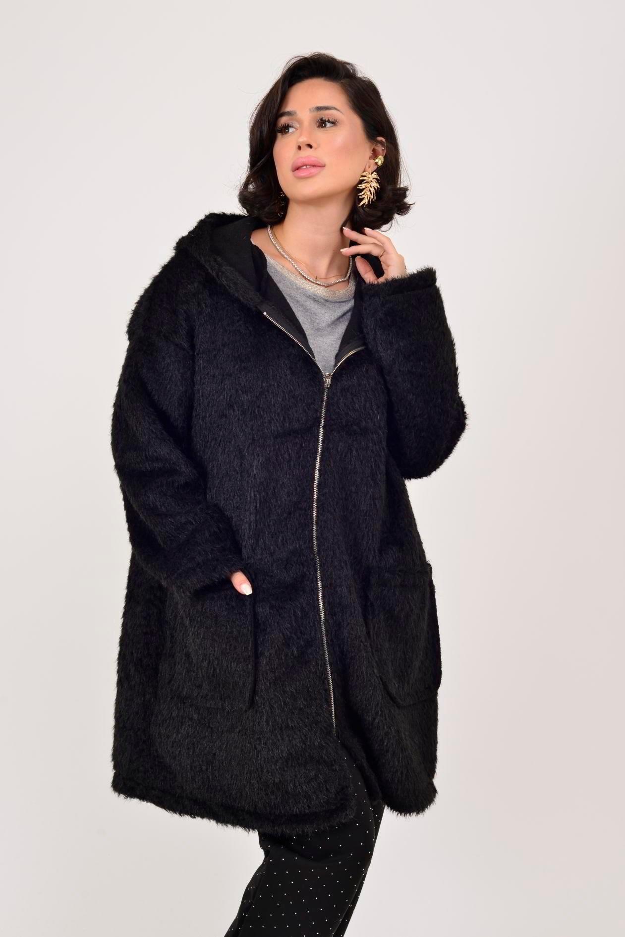 21052 Düz Desen Kapüşonlu Fermuarlı Keçe Kaban