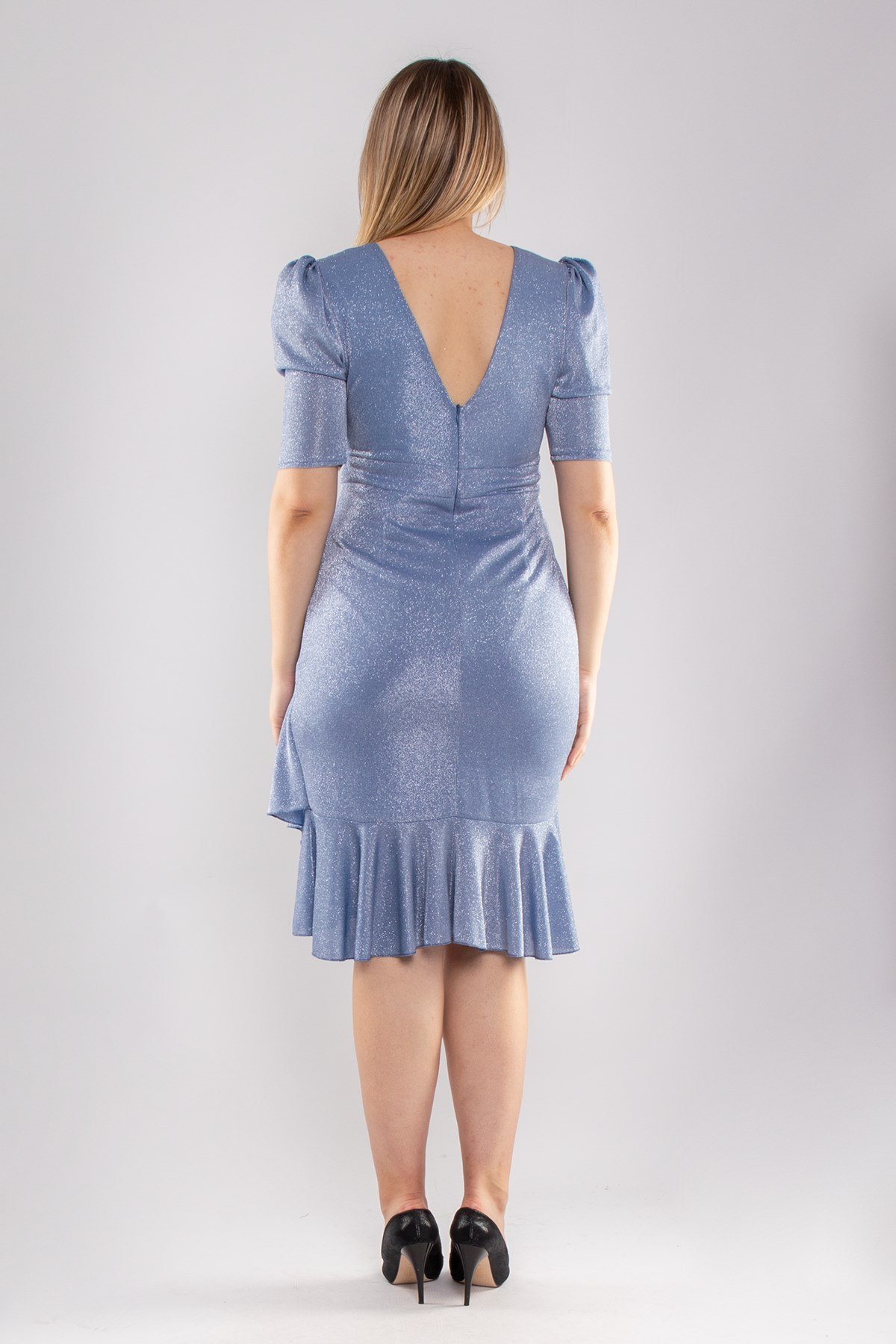 2108 Büyük Beden Karpuz Kol Drapeli Simli Kısa Elbise