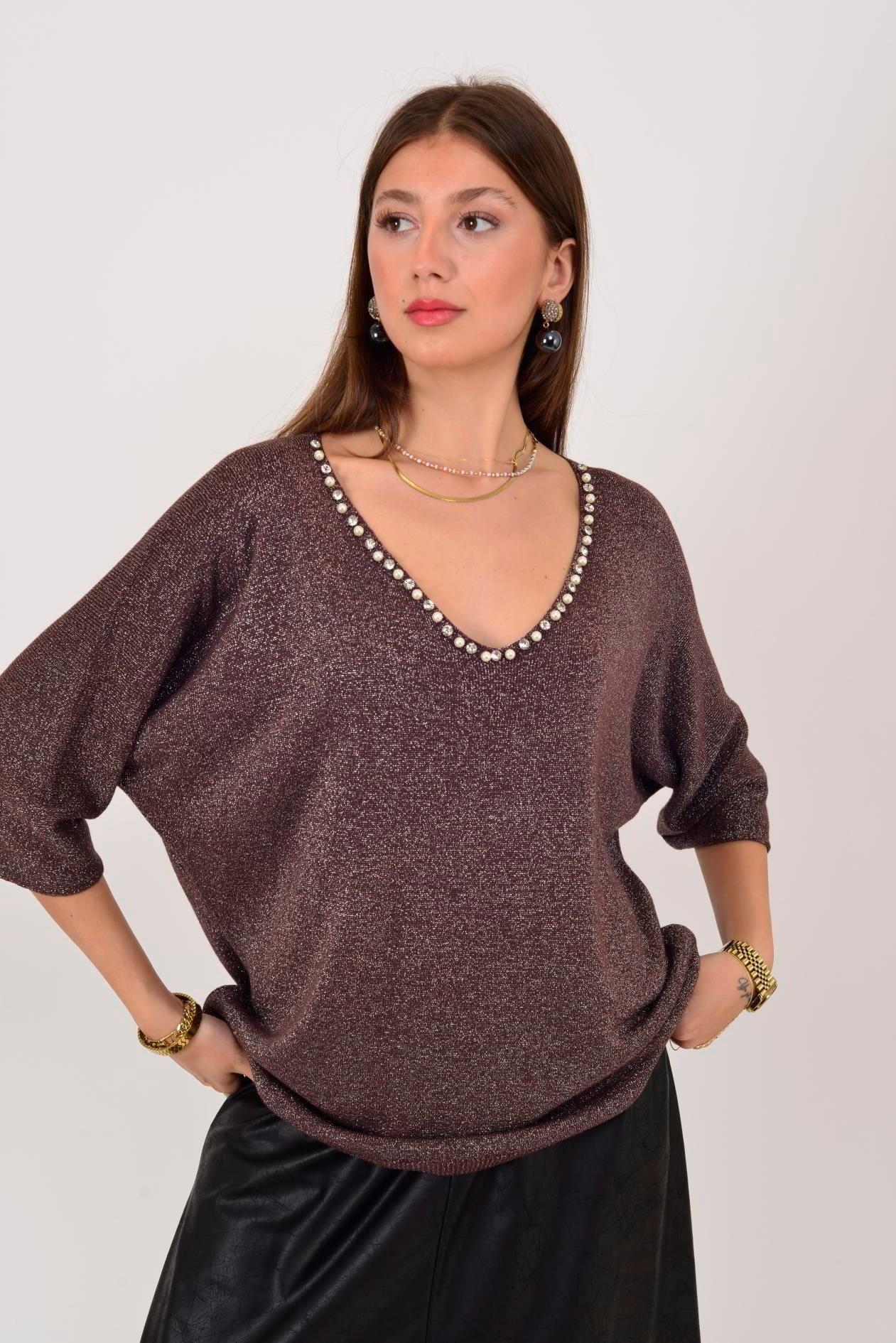 21130 İnci Detay Vyaka Simli Kısa Kol Bluz