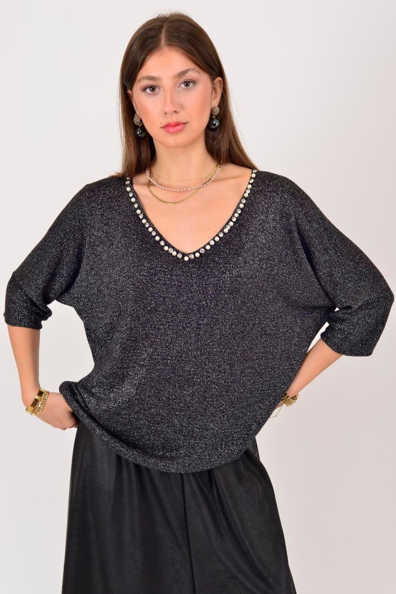 21130 İnci Detay Vyaka Simli Kısa Kol Bluz