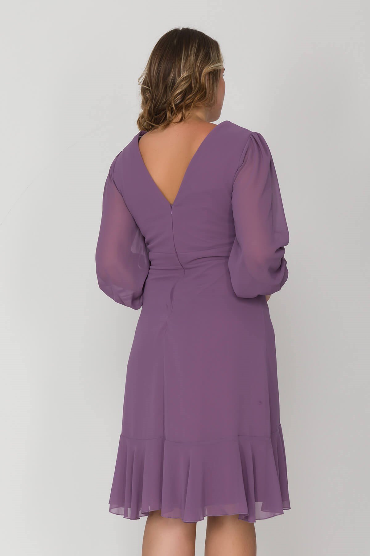 2117 BB Kruvaze Yaka Eteği Valonlu Şifon Tül Kol Kısa Elbise