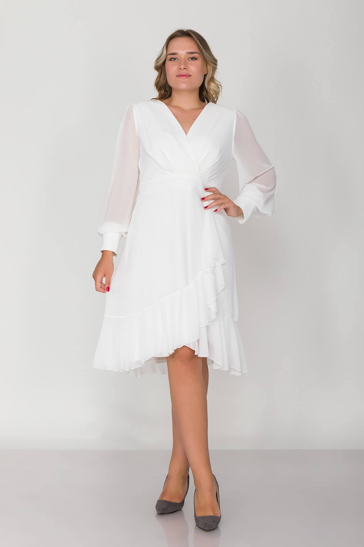 2117 BB Kruvaze Yaka Eteği Valonlu Şifon Tül Kol Kısa Elbise