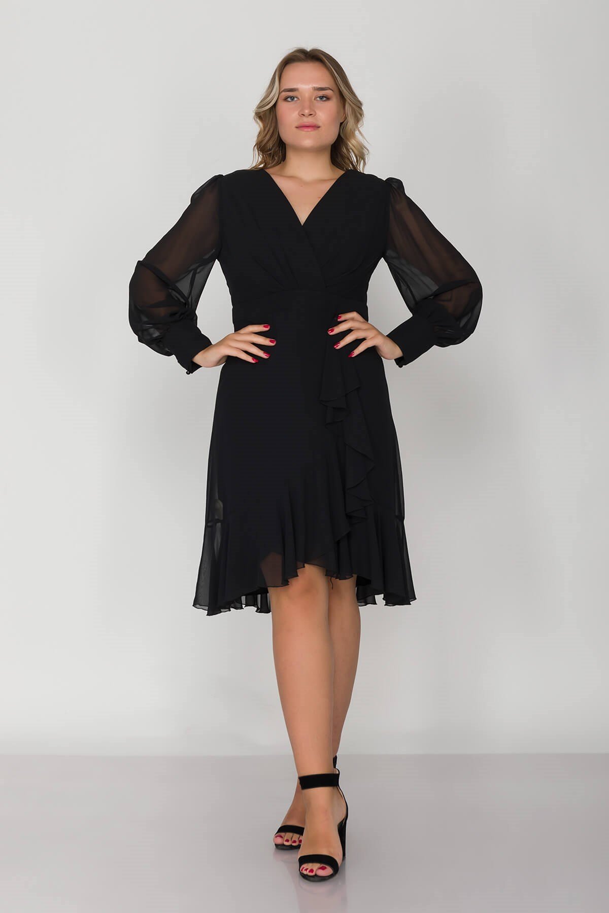 2117 BB Kruvaze Yaka Eteği Valonlu Şifon Tül Kol Kısa Elbise