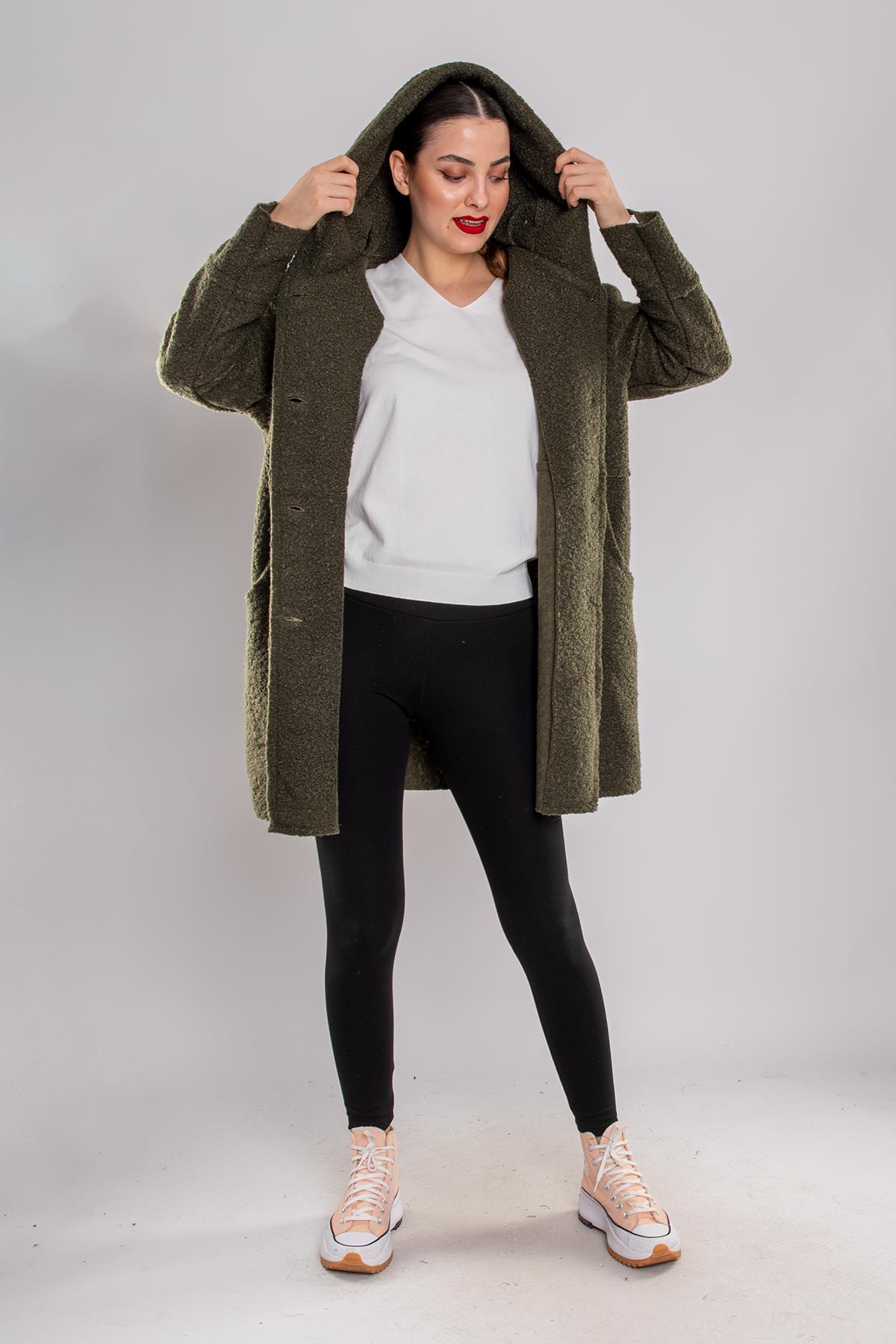 21224 4 Düğmeli Kapüşonlu Keçe Kaban