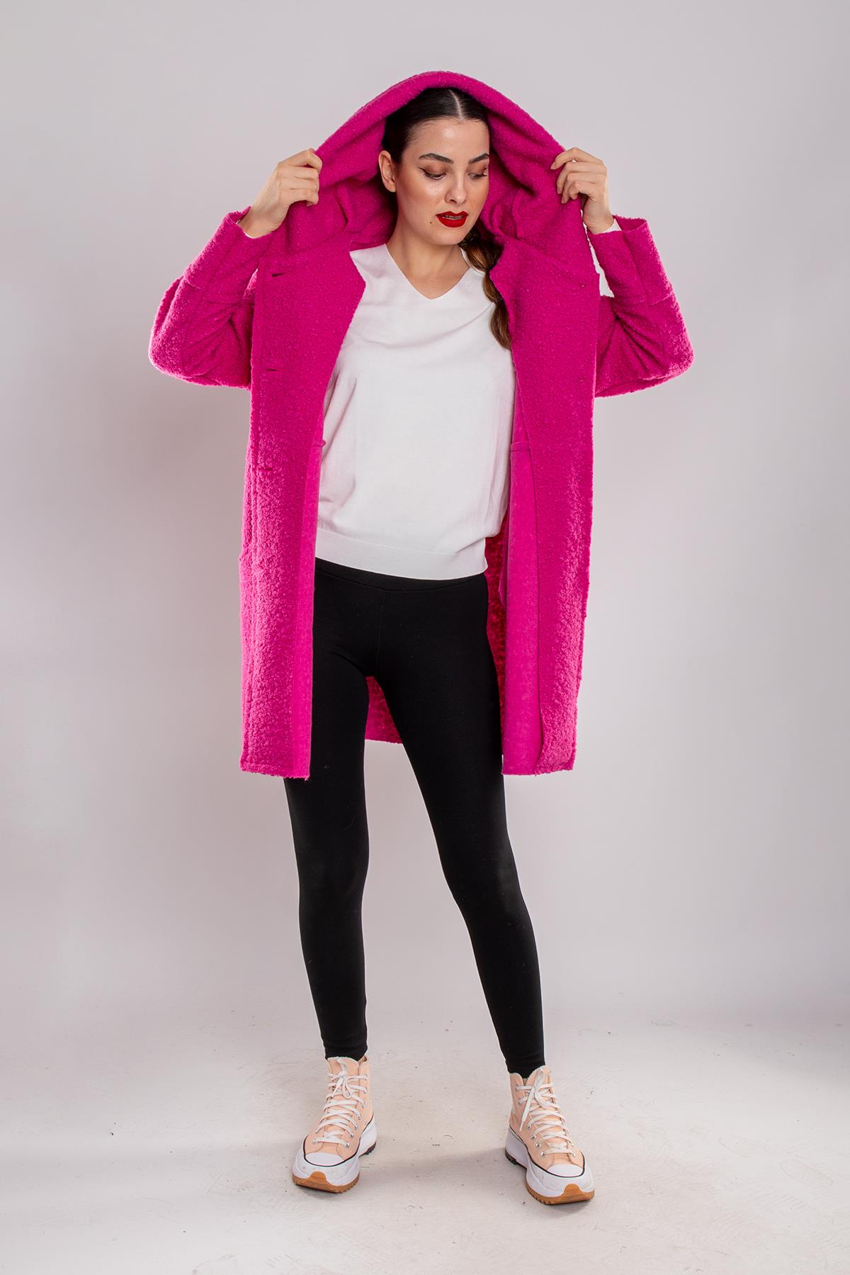 21224 4 Düğmeli Kapüşonlu Keçe Kaban