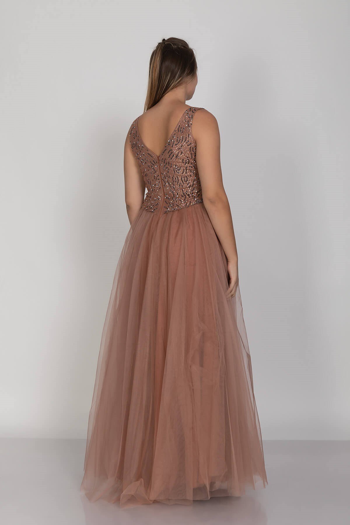 21224 KB Göğüs Suyolu Taş İşleme Vyaka Beli Transparan Tül Nişanlık Elbise