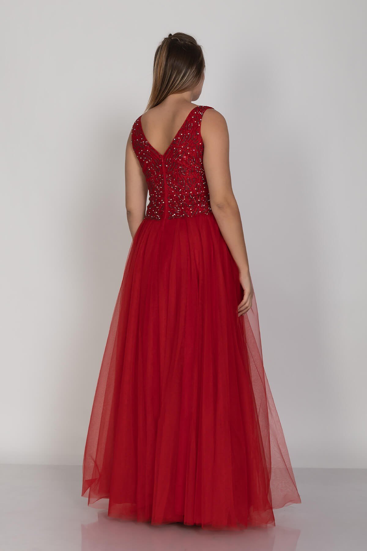 21224 KB Göğüs Suyolu Taş İşleme Vyaka Beli Transparan Tül Nişanlık Elbise