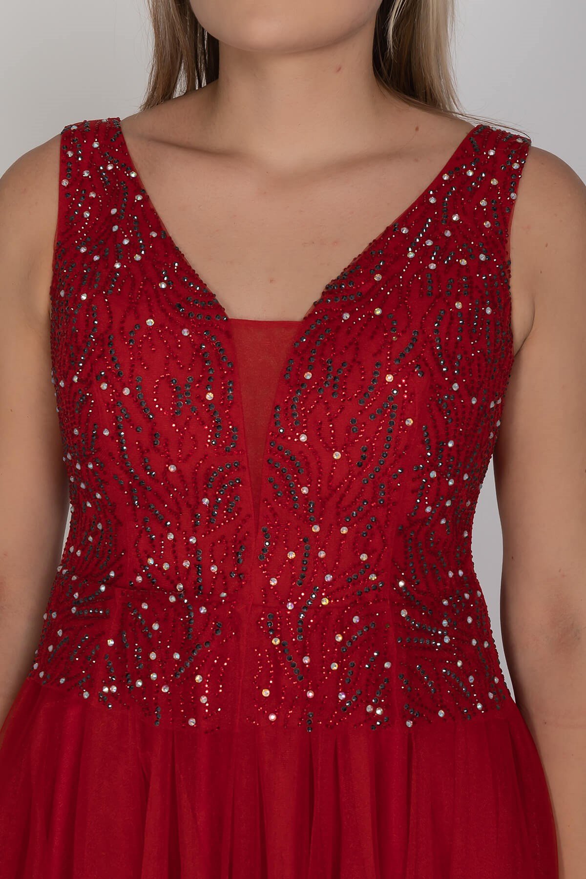 21224 KB Göğüs Suyolu Taş İşleme Vyaka Beli Transparan Tül Nişanlık Elbise