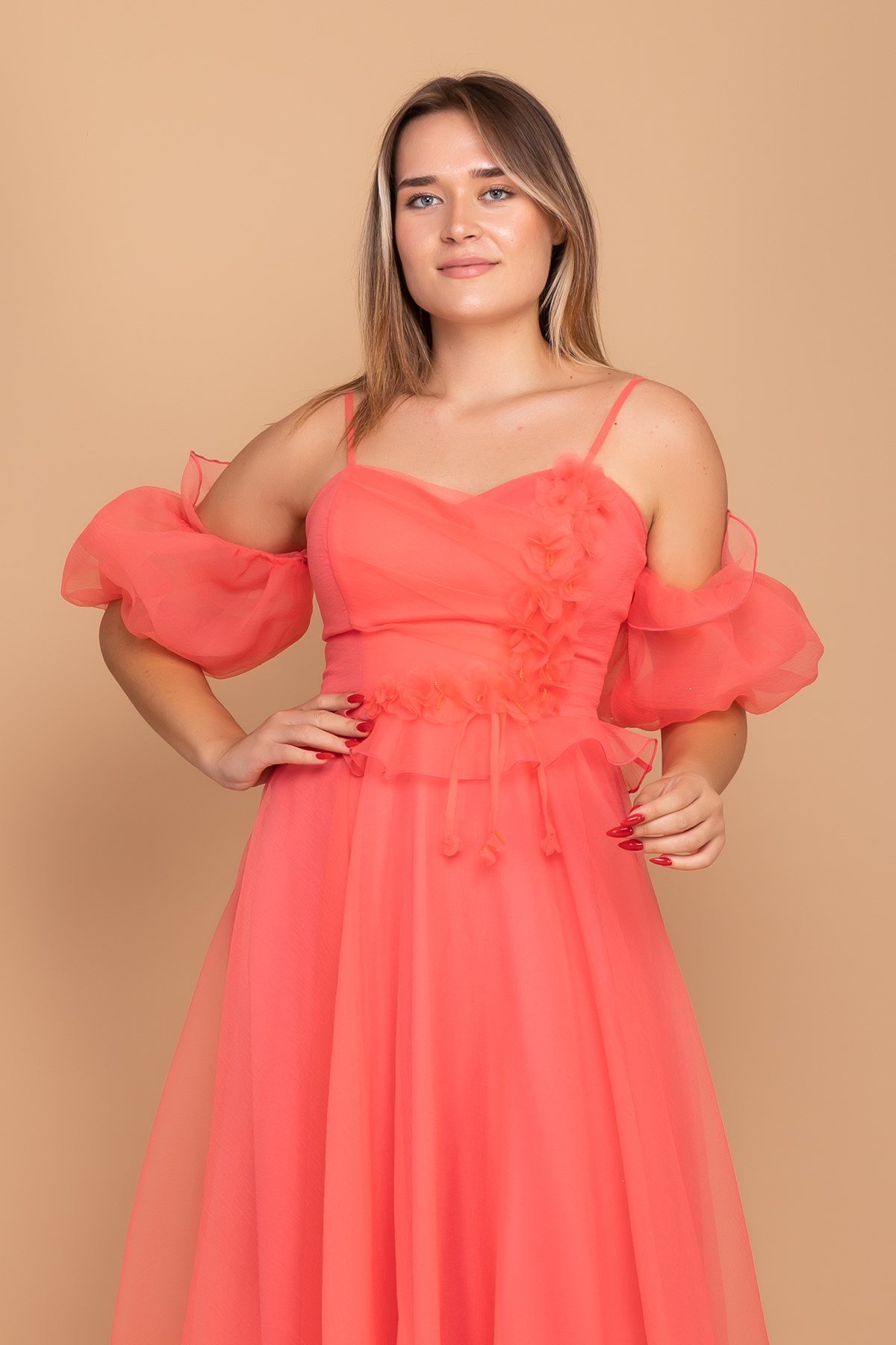 21248 Organze Tül Straplez Takma Kol Çiçekli İp Askı Nişanlık