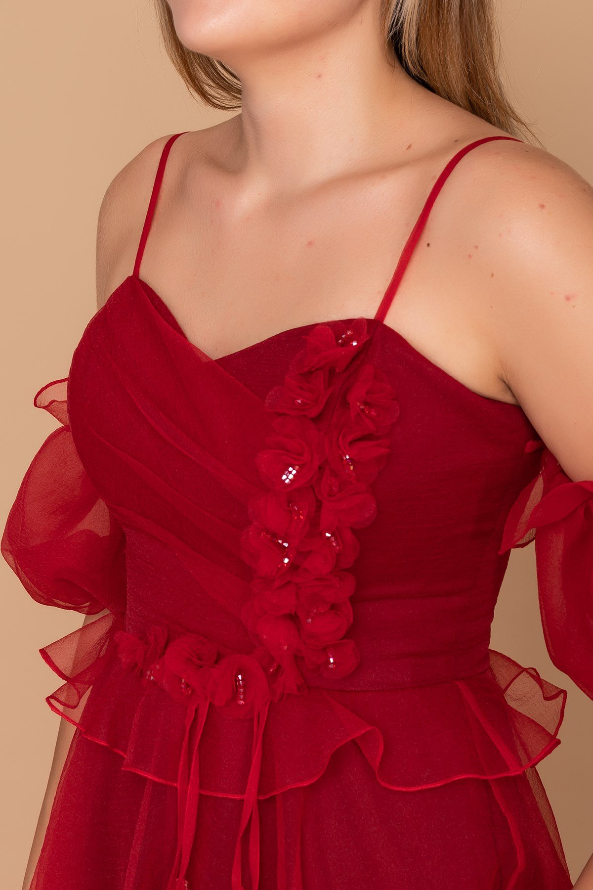 21248 Organze Tül Straplez Takma Kol Çiçekli İp Askı Nişanlık