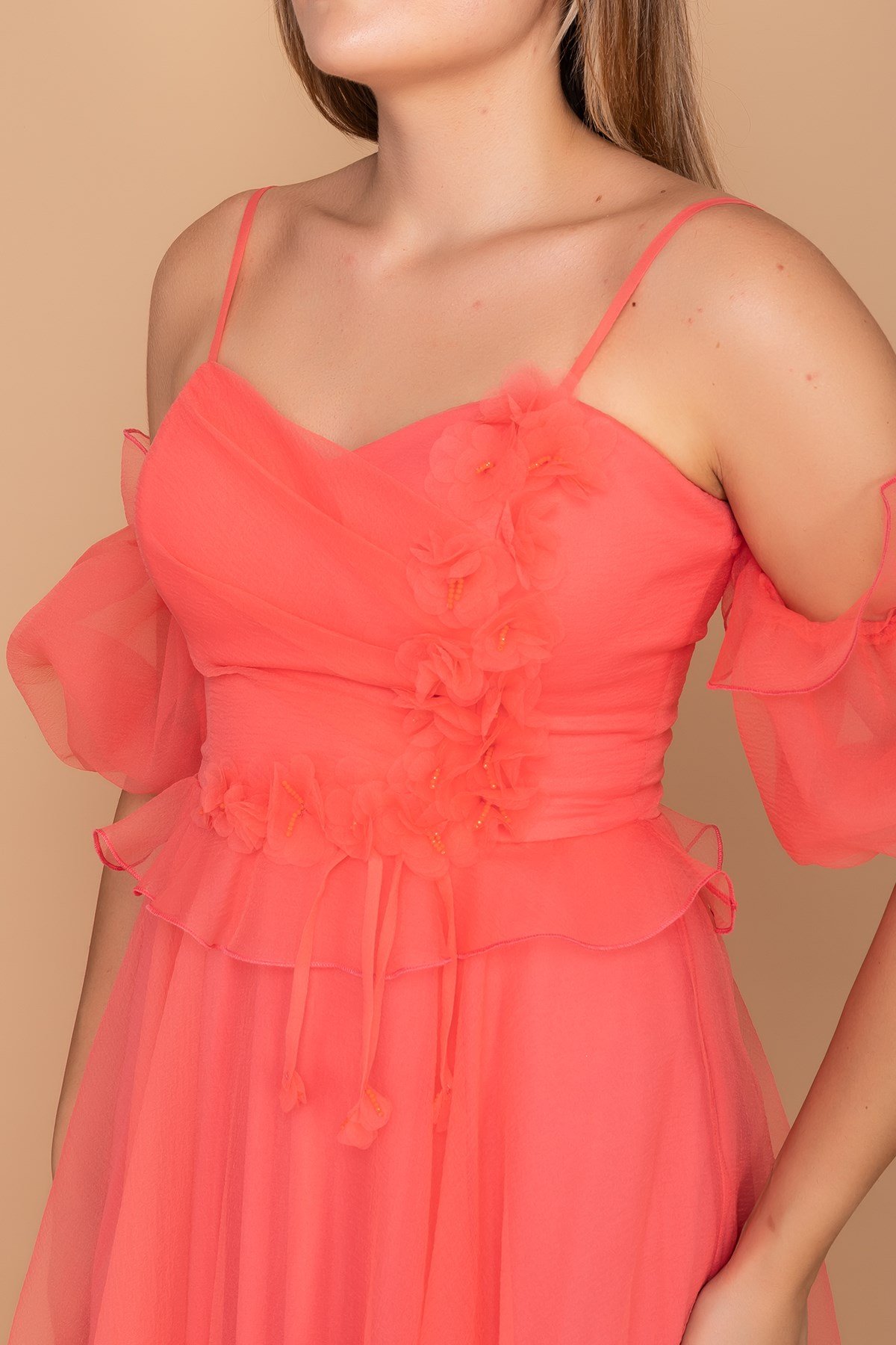 21248 Organze Tül Straplez Takma Kol Çiçekli İp Askı Nişanlık