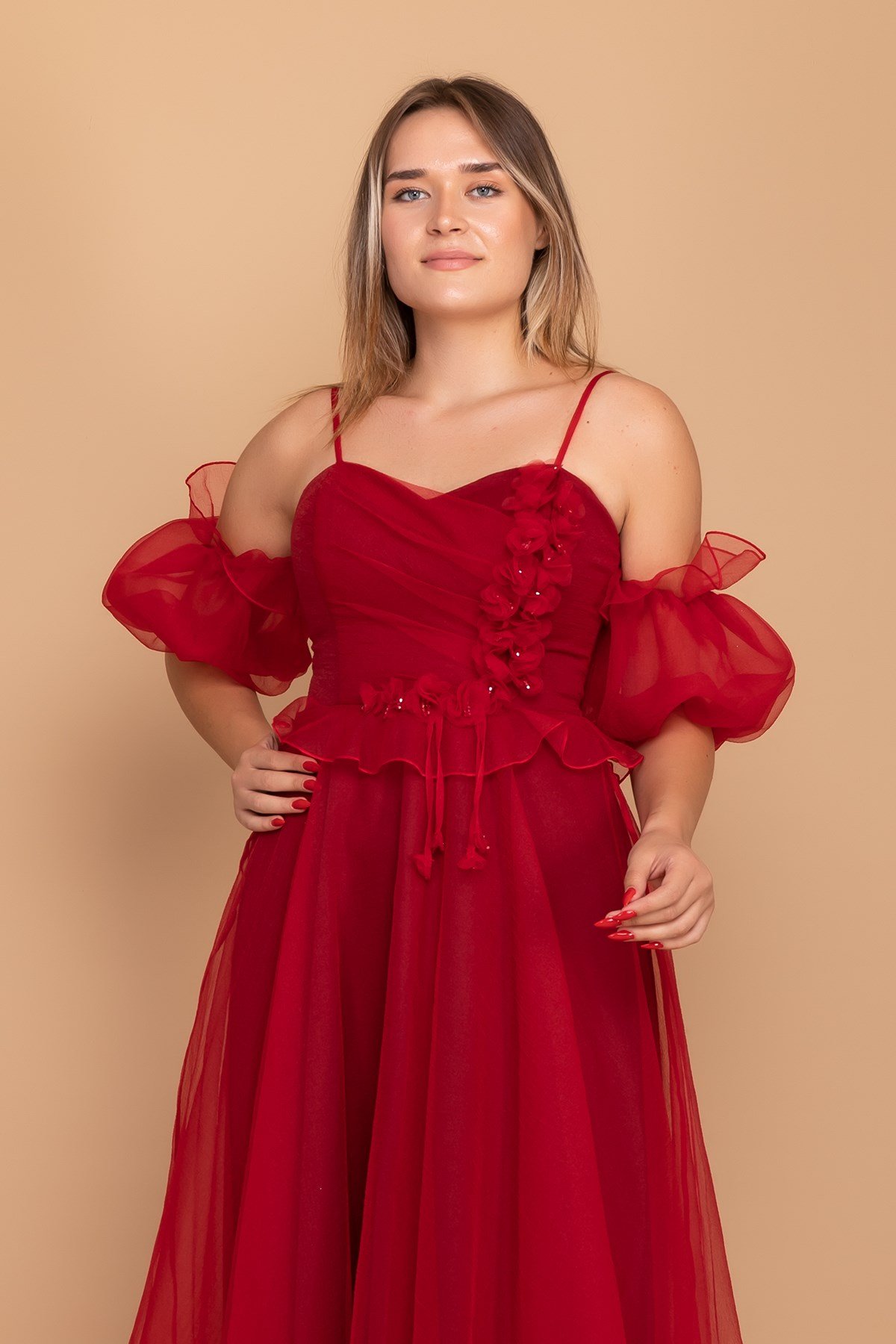 21248 Organze Tül Straplez Takma Kol Çiçekli İp Askı Nişanlık