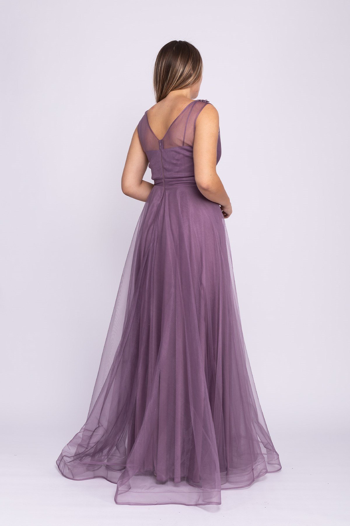 21249 Kruvaze Yaka Çiçek Detaylı Organze Tül Uzun Elbise