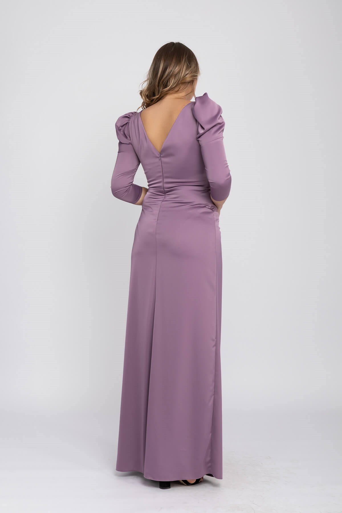 2126 Büyükbeden Karpuz Kol Yırtmaçlı Saten Uzun  Elbise