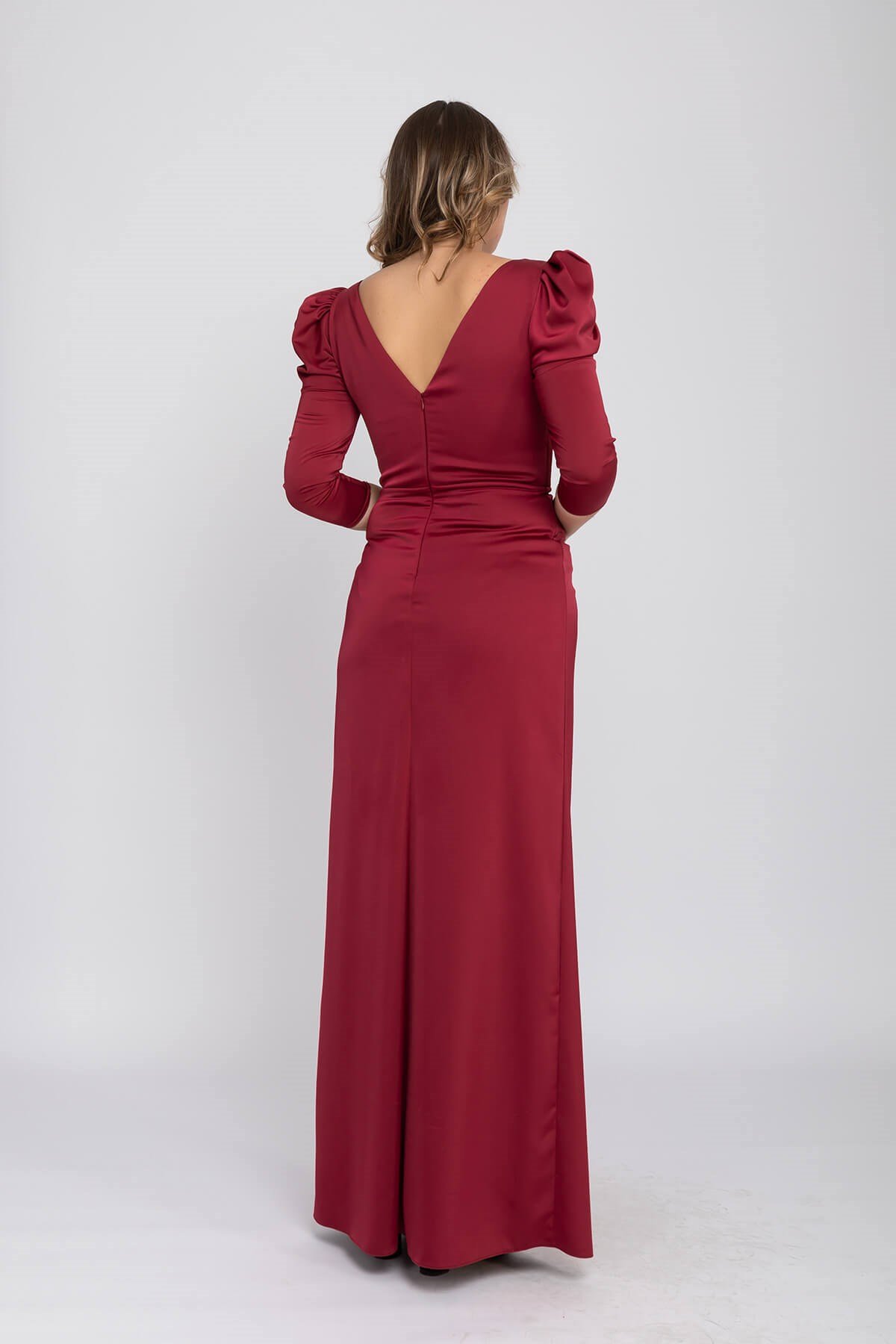 2126 Büyükbeden Karpuz Kol Yırtmaçlı Saten Uzun  Elbise