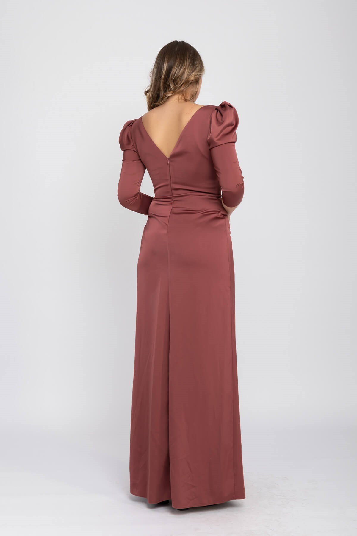 2126 Büyükbeden Karpuz Kol Yırtmaçlı Saten Uzun  Elbise