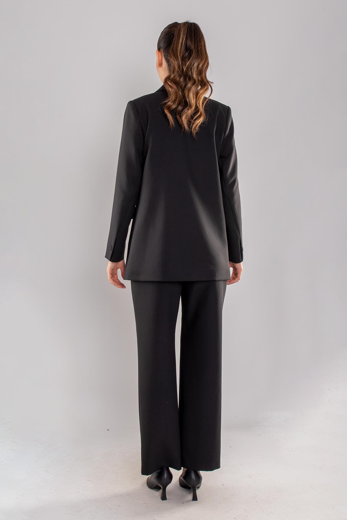 2128 2 Düğme Broşlu Ceket Bol Paça Pantolon İkili Takım