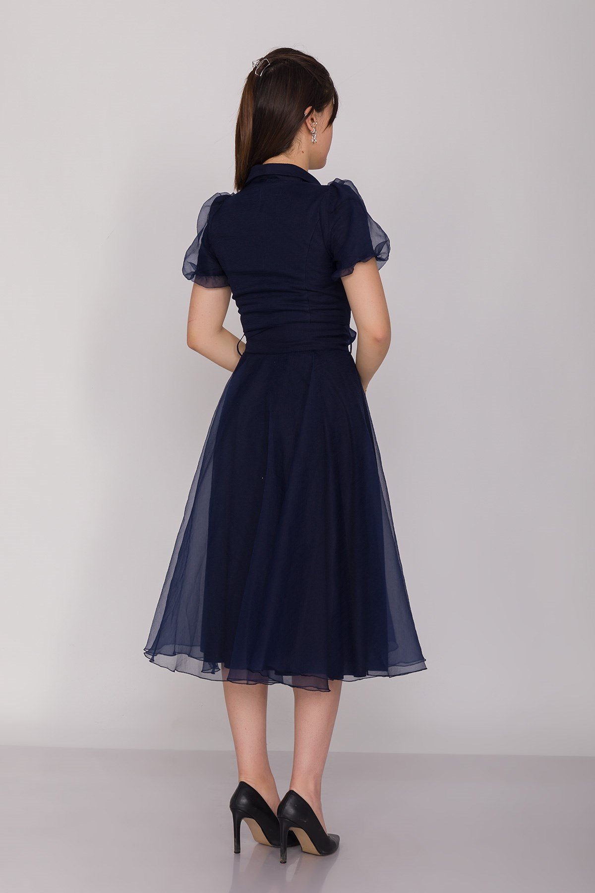 2136 Ceket Yaka Balon Kol Organze Midiboy Kuşaklı Elbise