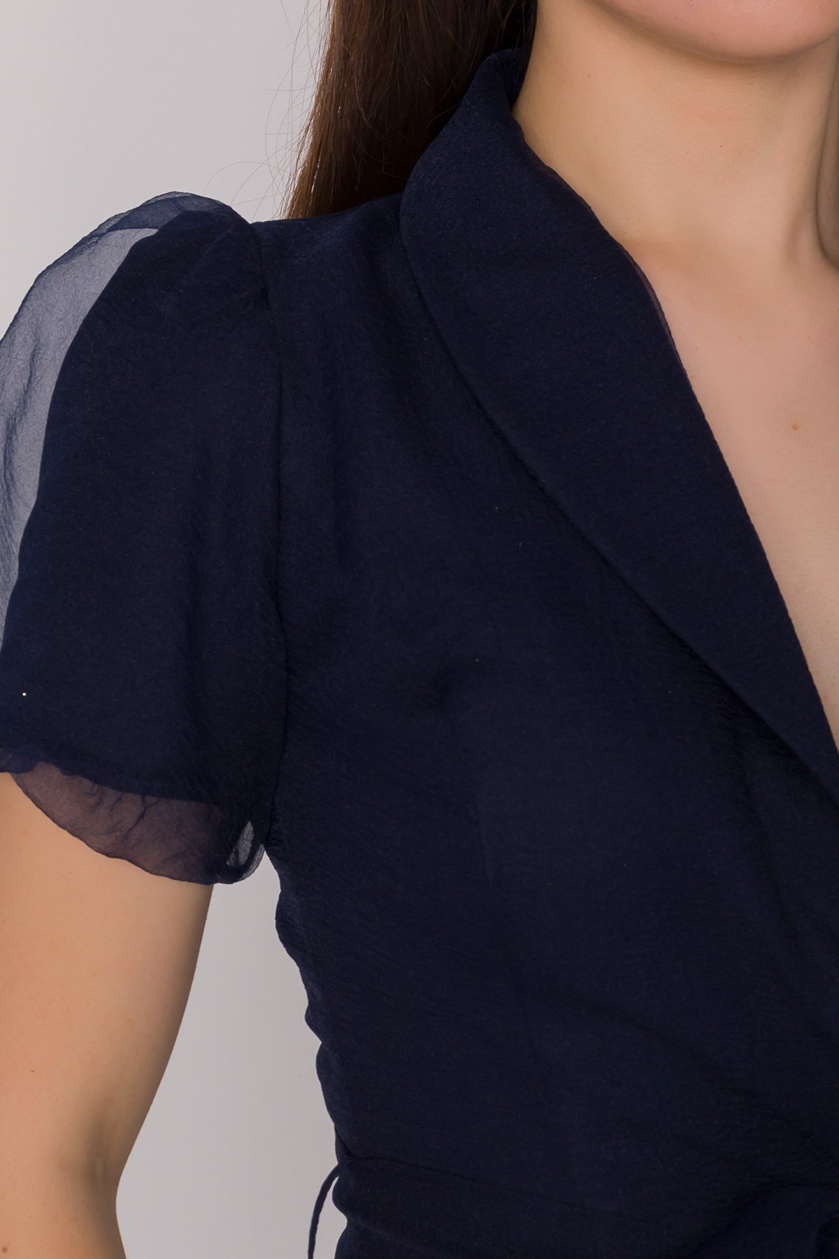 2136 Ceket Yaka Balon Kol Organze Midiboy Kuşaklı Elbise