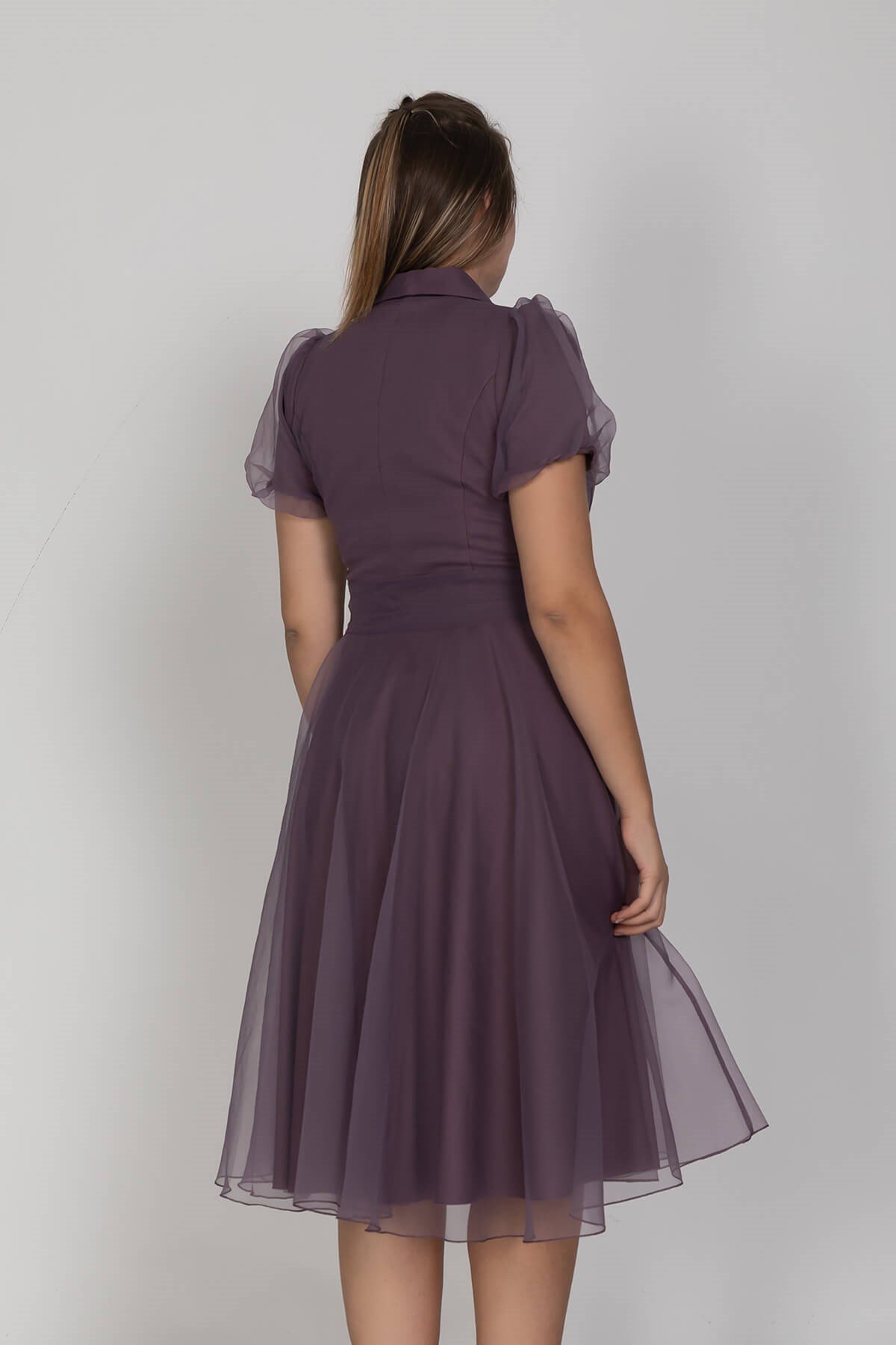 2136 Ceket Yaka Balon Kol Organze Midiboy Kuşaklı Elbise