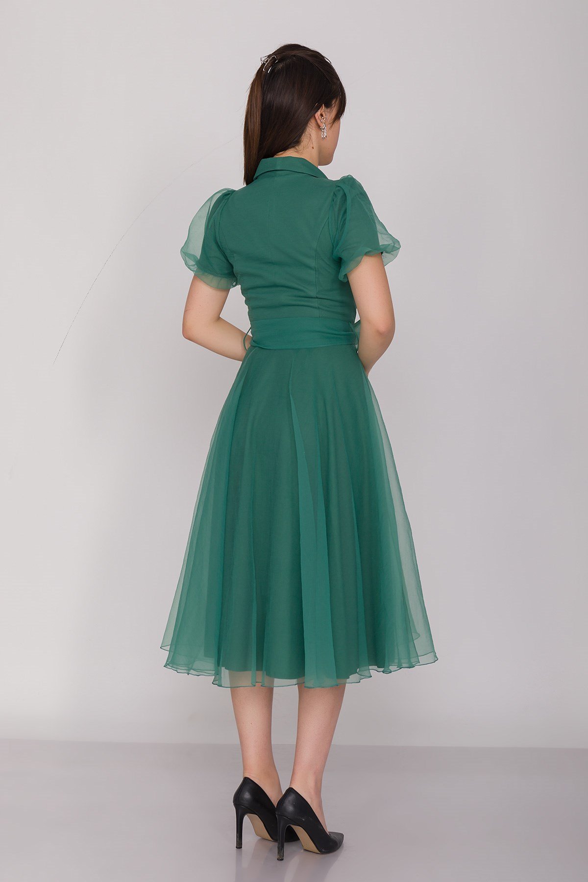 2136 Ceket Yaka Balon Kol Organze Midiboy Kuşaklı Elbise