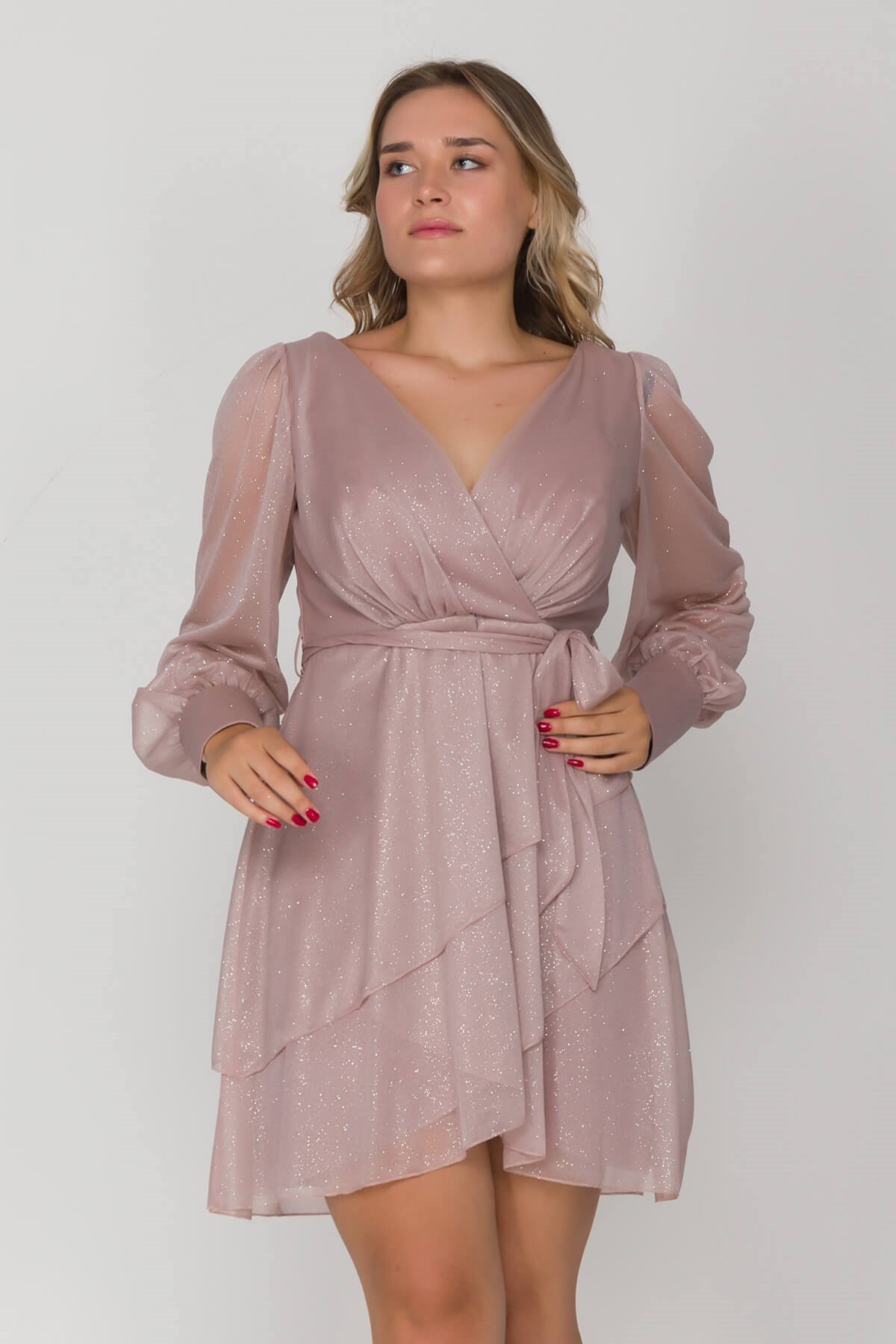 2138 Büyük Beden Simli Uzun Tül Kol Eteği Katlı Kısa Elbise