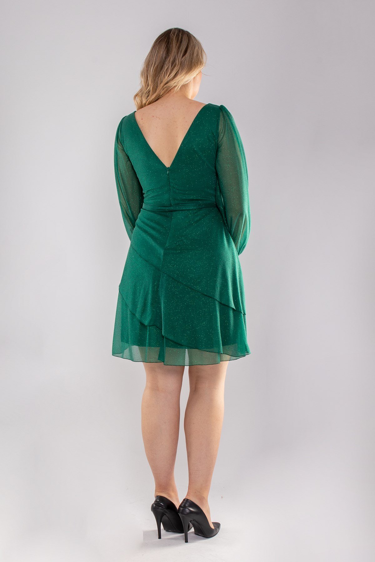 2138 Büyük Beden Simli Uzun Tül Kol Eteği Katlı Kısa Elbise