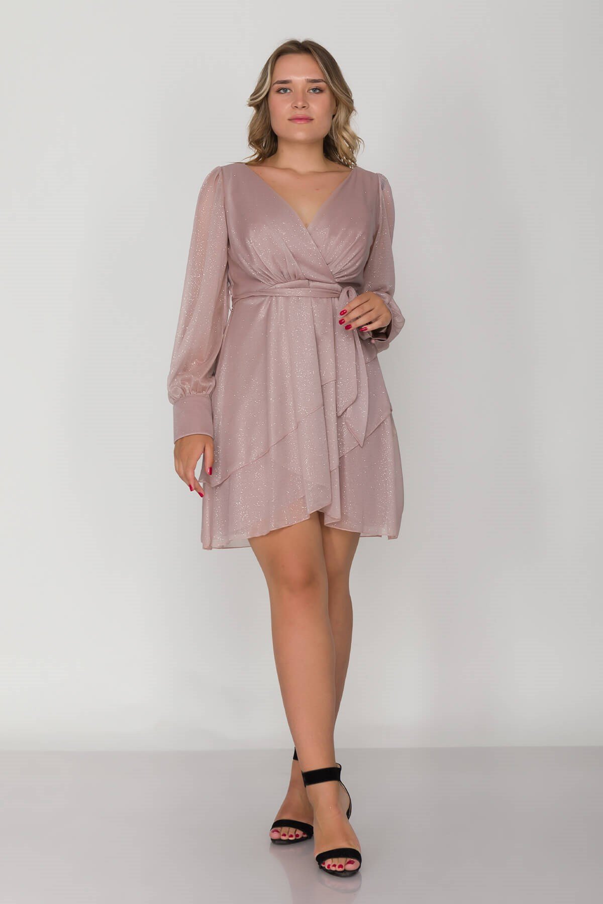 2138 Büyük Beden Simli Uzun Tül Kol Eteği Katlı Kısa Elbise