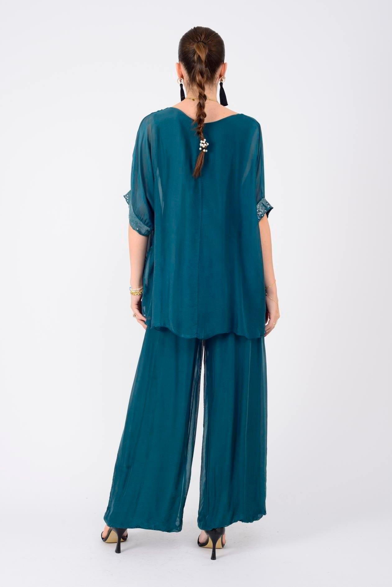 2161 Pulpayet Detay Bluz Pantolon İpek Takım