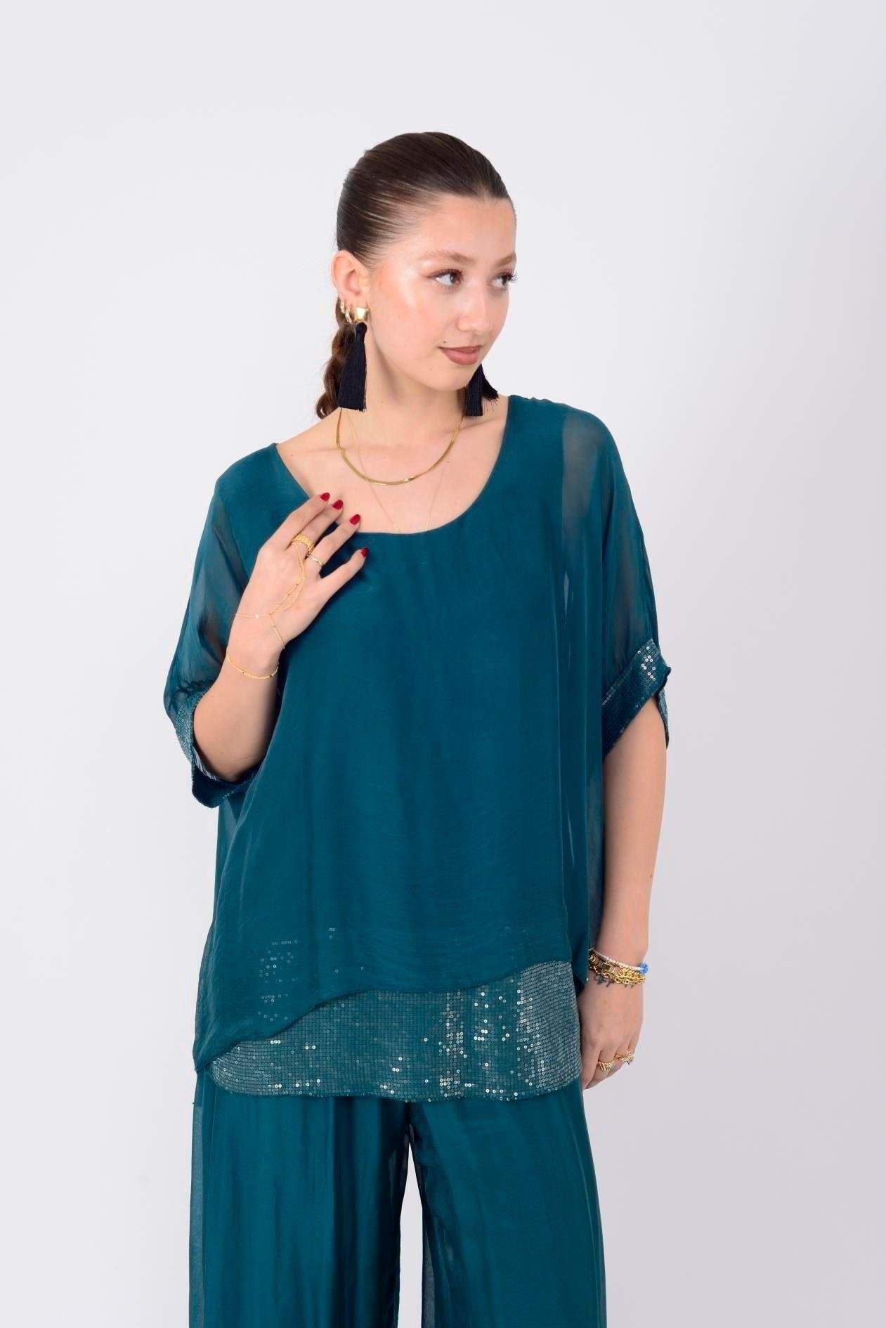 2161 Pulpayet Detay Bluz Pantolon İpek Takım