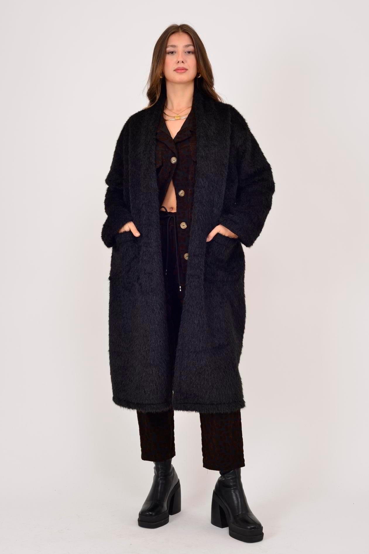 21789 Düz Desen Uzun Cepli Yakasız Keçe Ceket