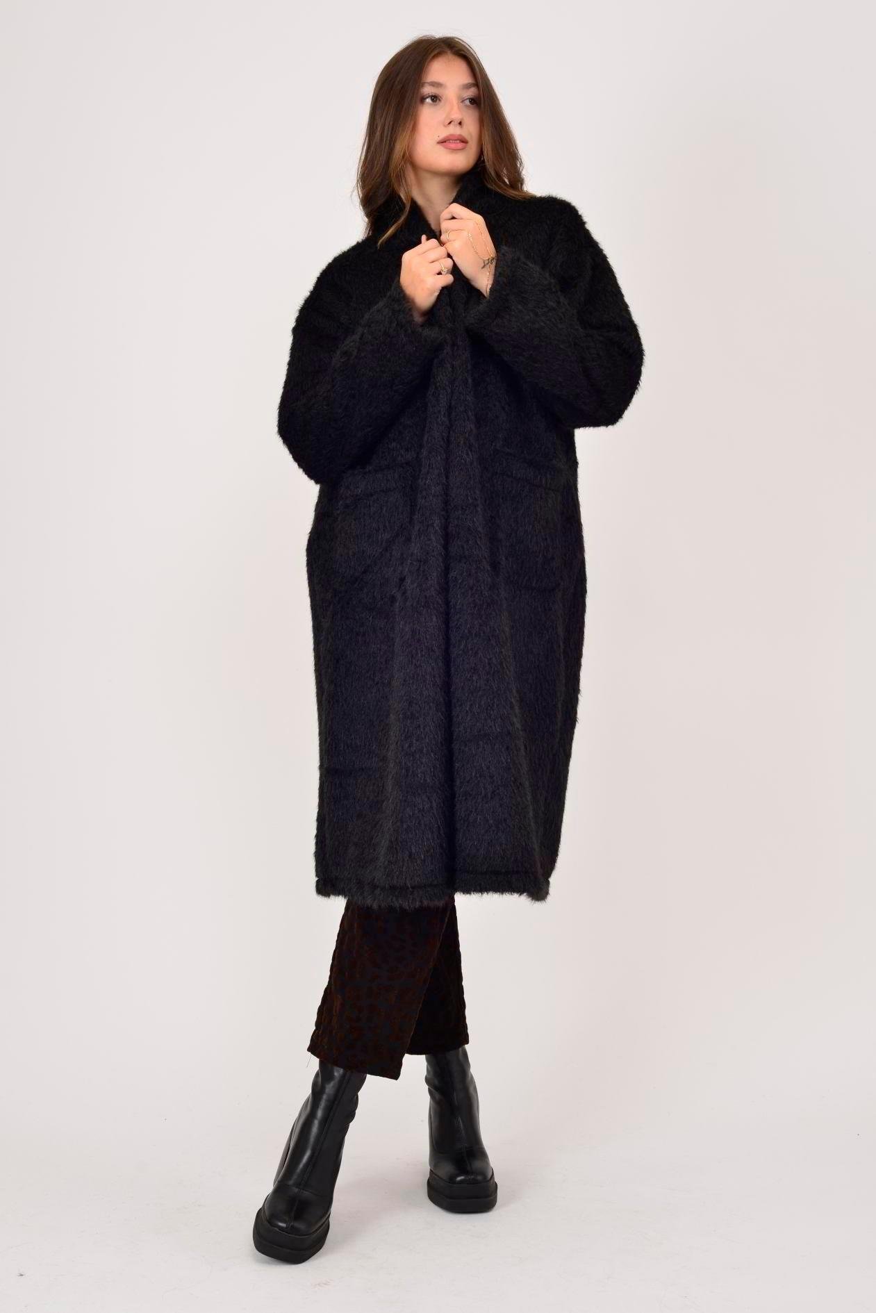 21789 Düz Desen Uzun Cepli Yakasız Keçe Ceket