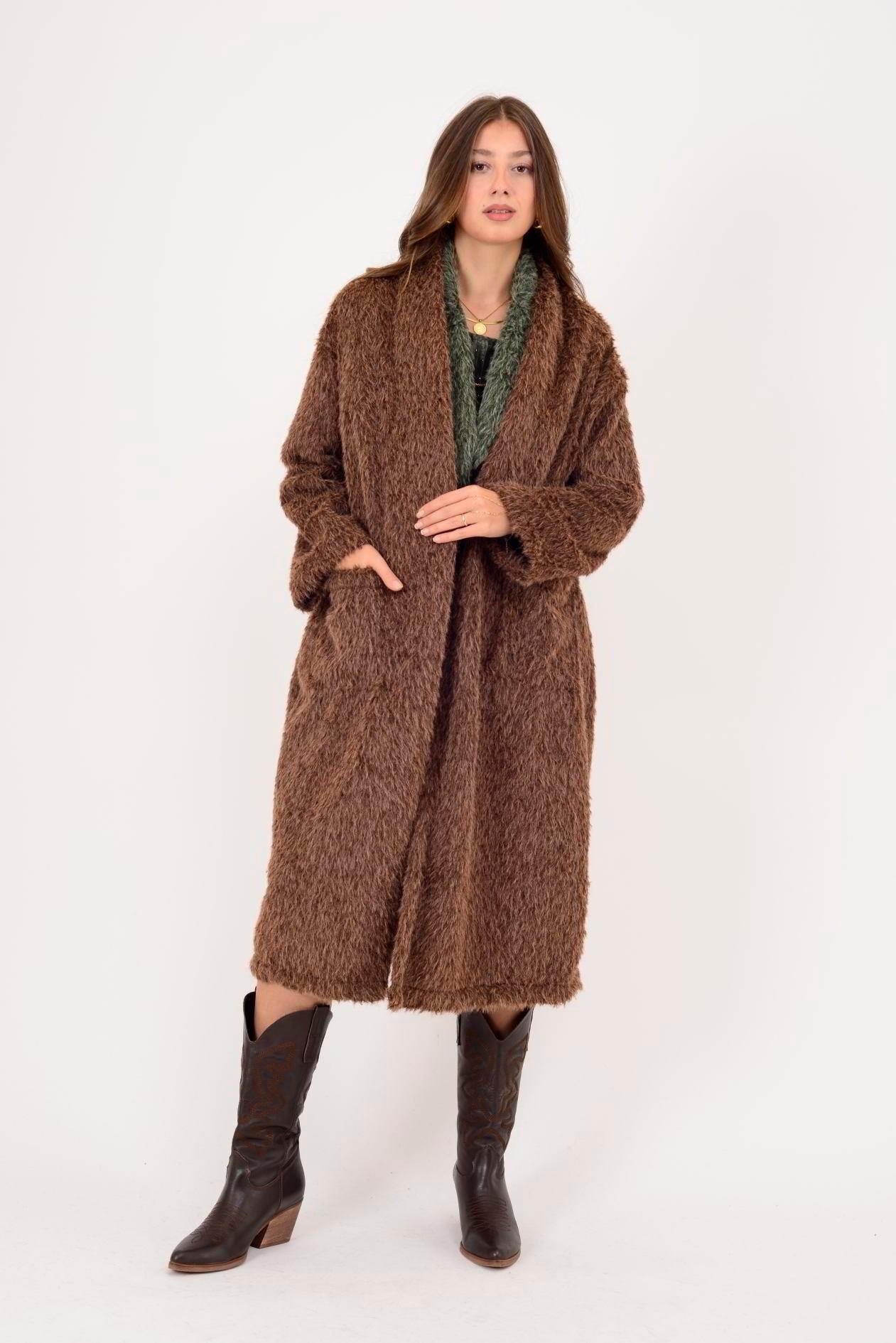 21789 Düz Desen Uzun Cepli Yakasız Keçe Ceket