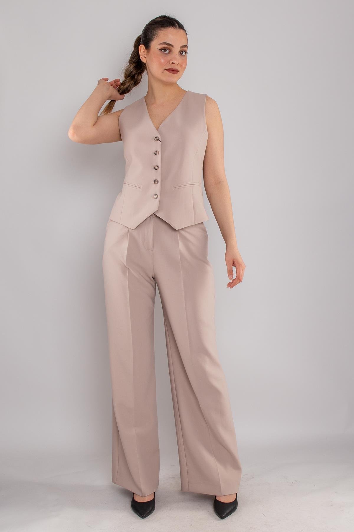 2202 Düğmeli Yelek Palazzo Pantolon Takım