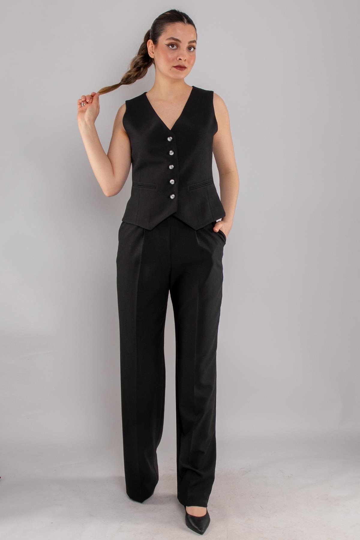 2202 Düğmeli Yelek Palazzo Pantolon Takım