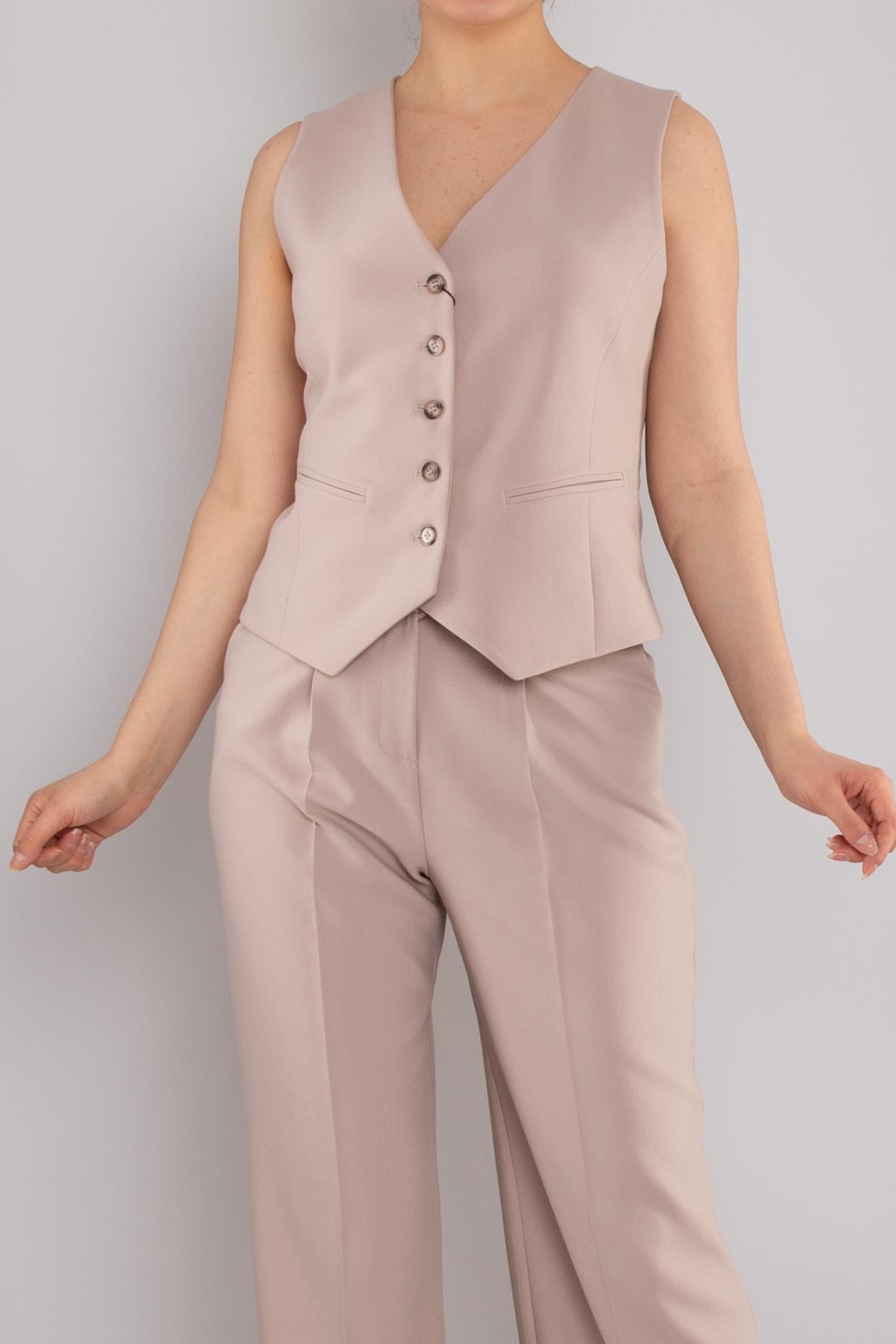 2202 Düğmeli Yelek Palazzo Pantolon Takım