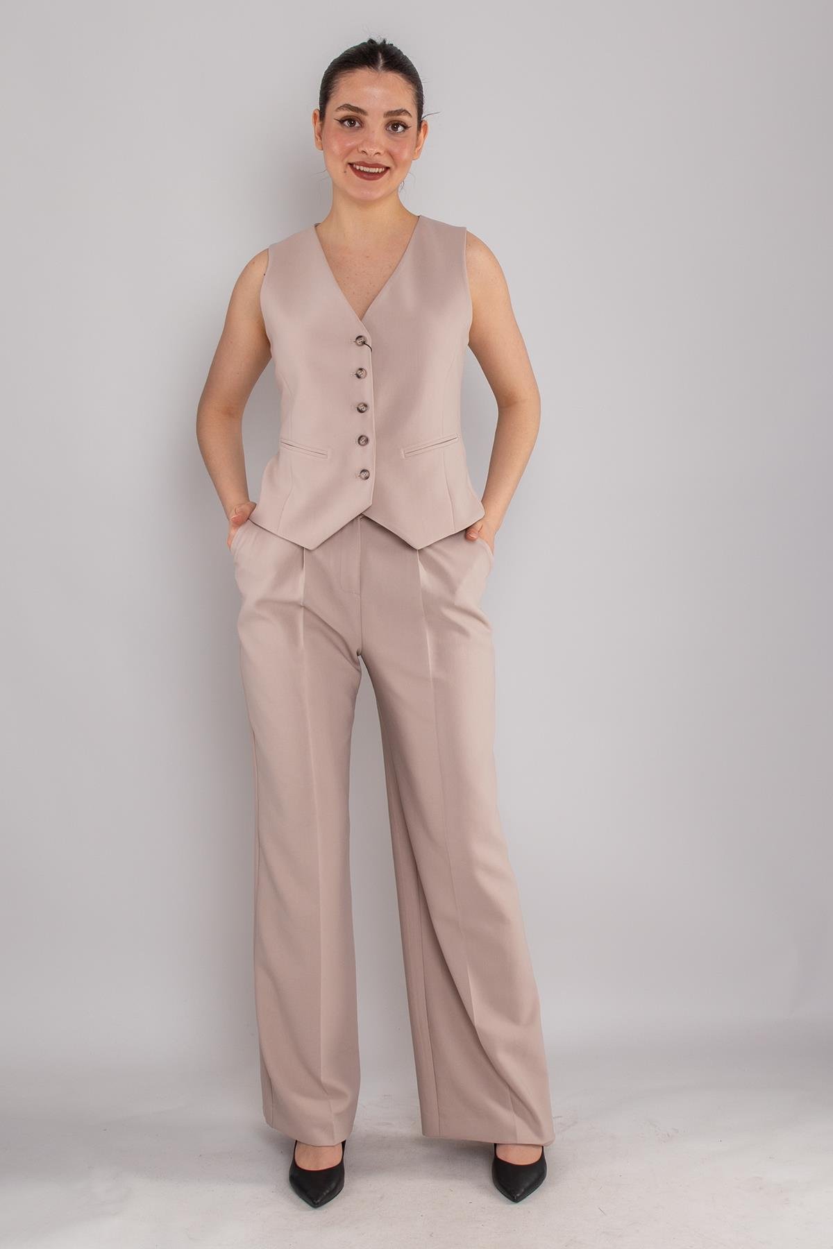 2202 Düğmeli Yelek Palazzo Pantolon Takım