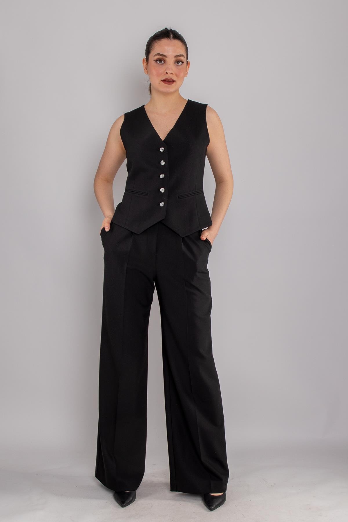 2202 Düğmeli Yelek Palazzo Pantolon Takım