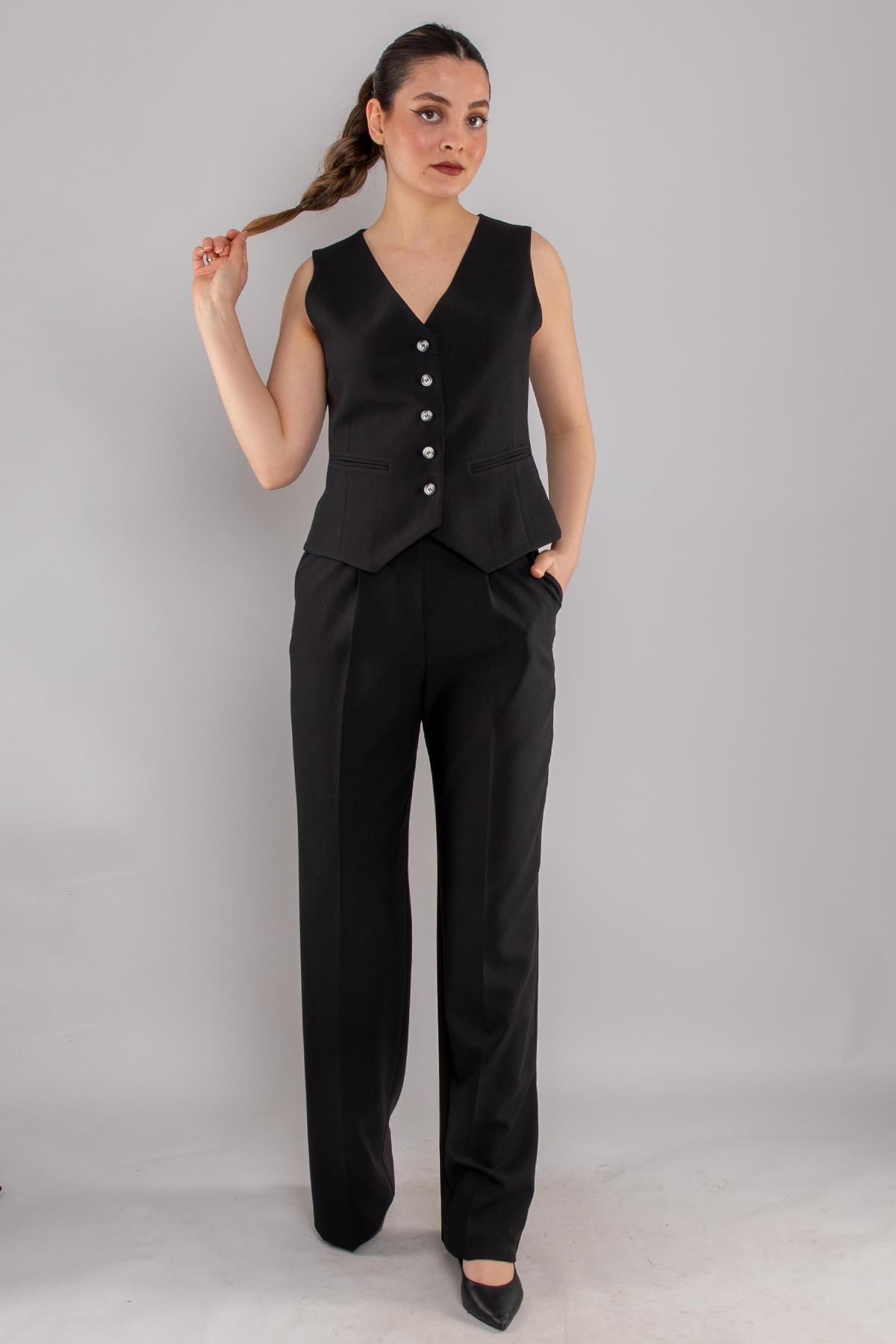 2202 Düğmeli Yelek Palazzo Pantolon Takım