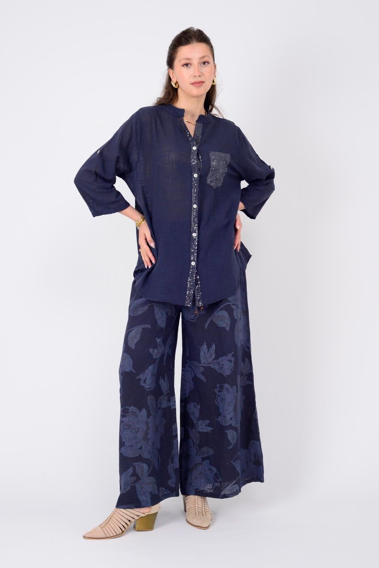 22046 Pul Detaylı 3 Düğmeli Keten Gömlek