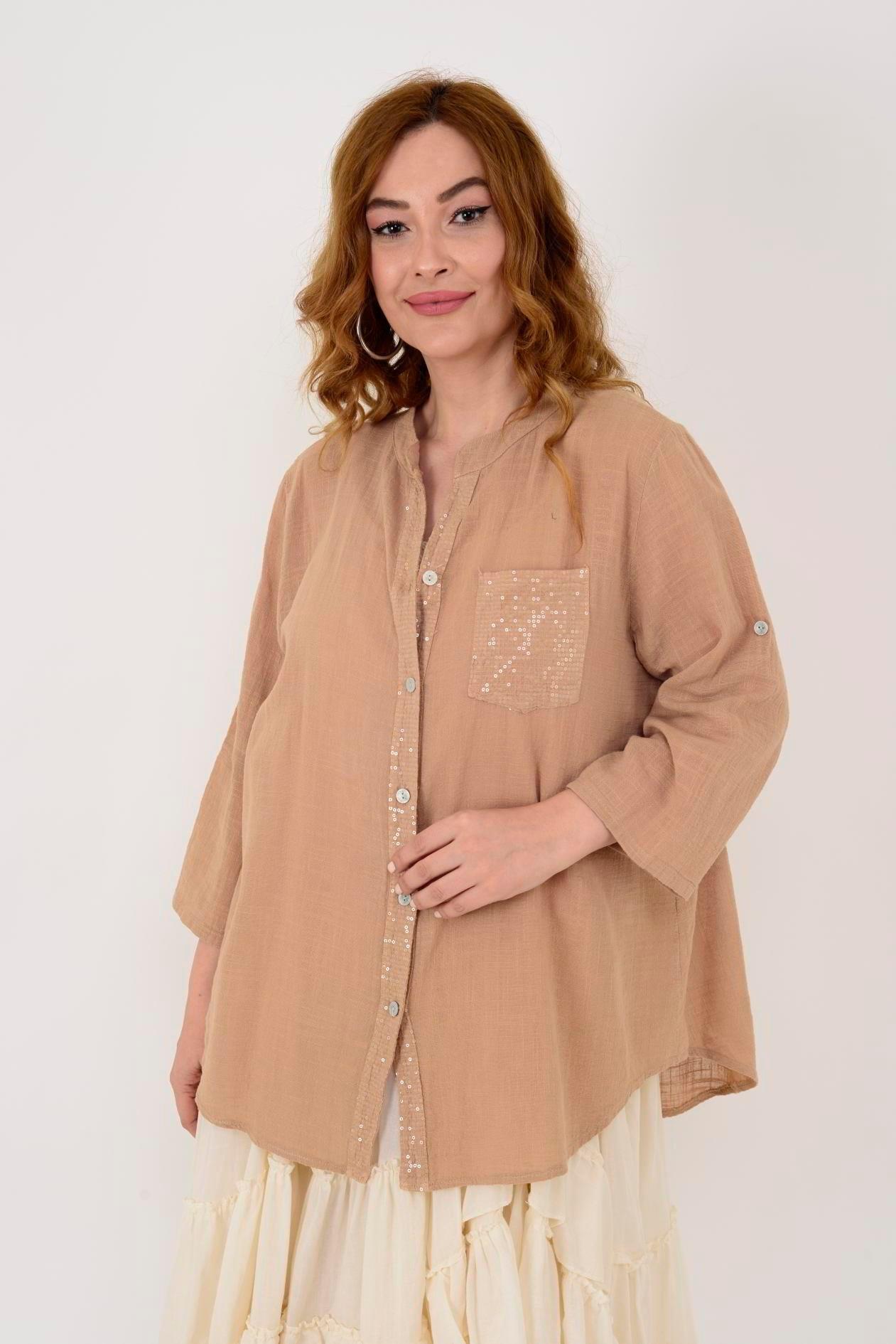 22046 Pul Detaylı 3 Düğmeli Keten Gömlek